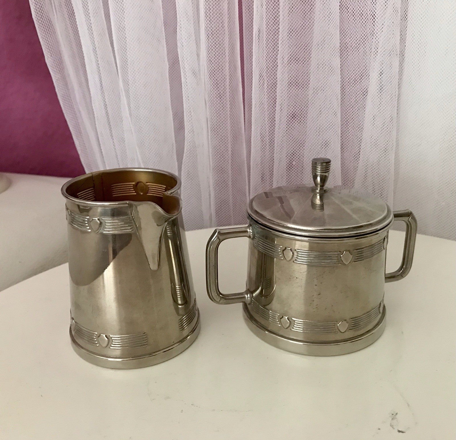 Antik Jugendstil Art Déco Kaffee Kernstück Zuckerdose Rahmgießer verchromt? 2tlg
