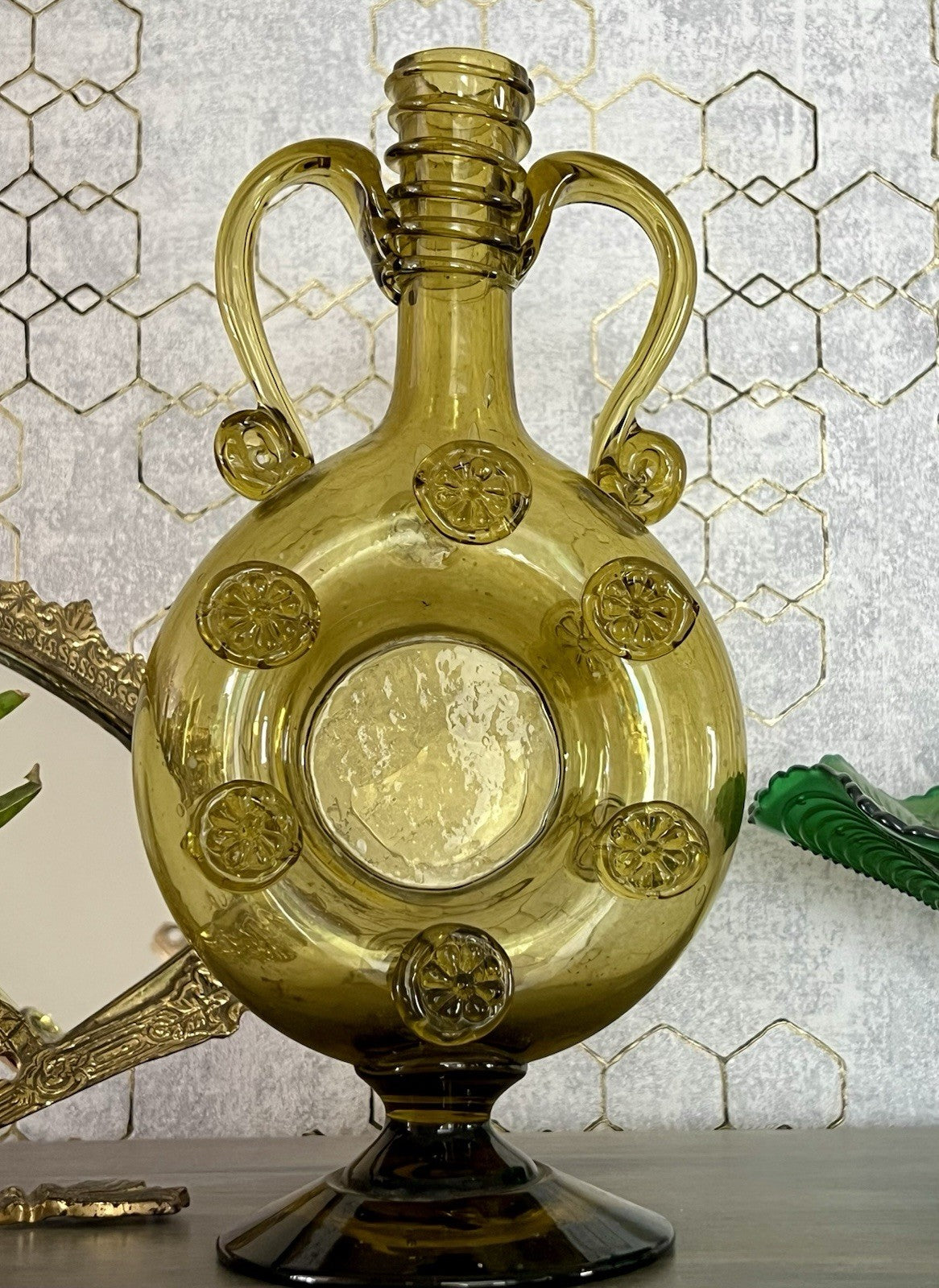 Antik Krug Karaffe Kanne Glas mundgeblasen Waldglas Nuppen FadenAuflagen ~1870