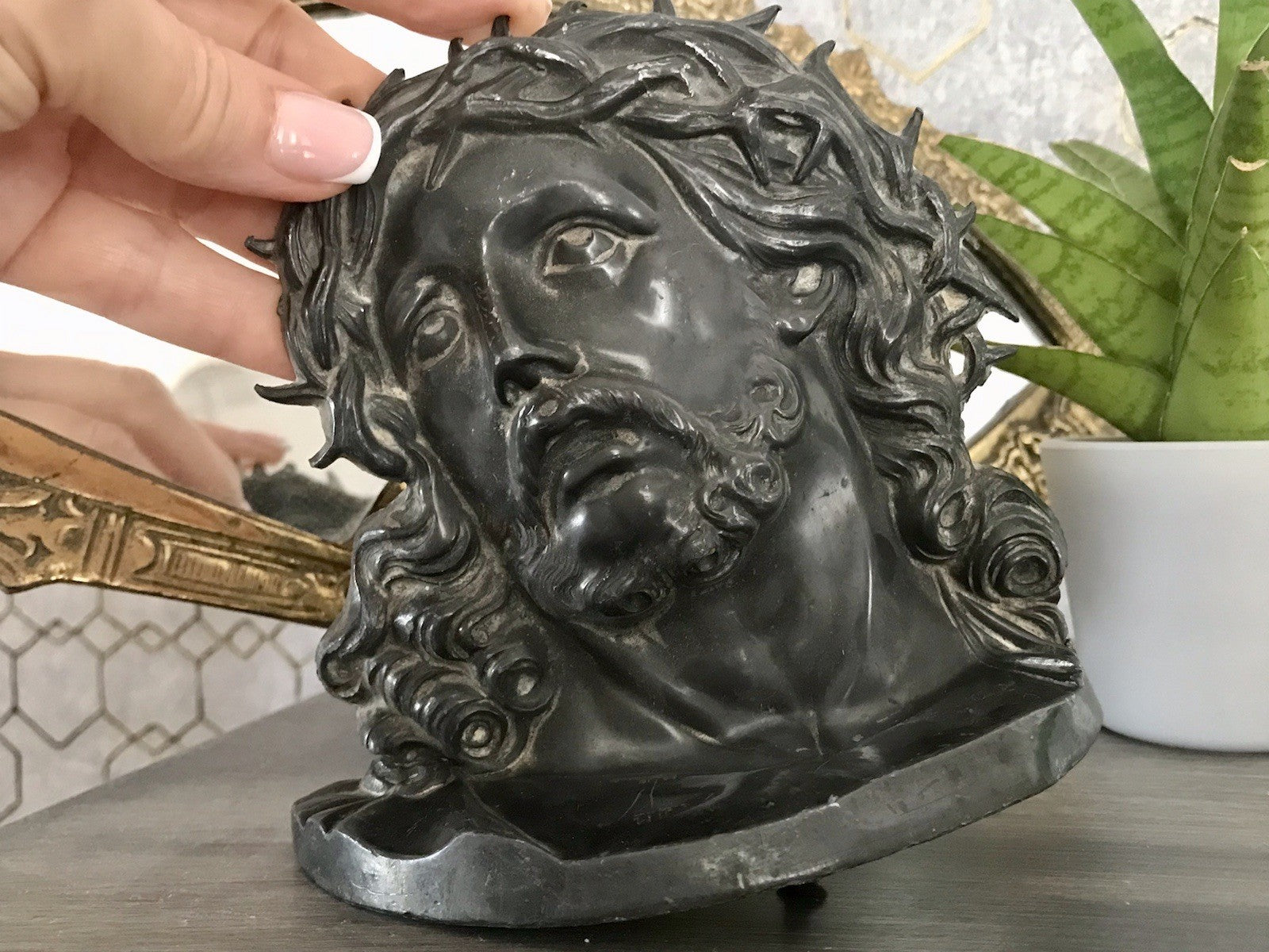 Antik Zinn? Relief Jesus Büste Dornkrone Figur Guss?  schön