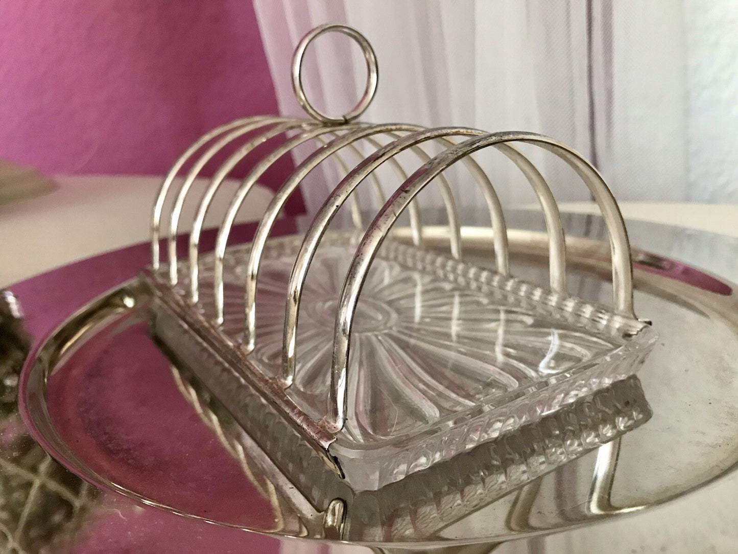 Vintage Toastbrot Ständer Halter versilbert Glaseinsatz Kristallglas 60er Jahre