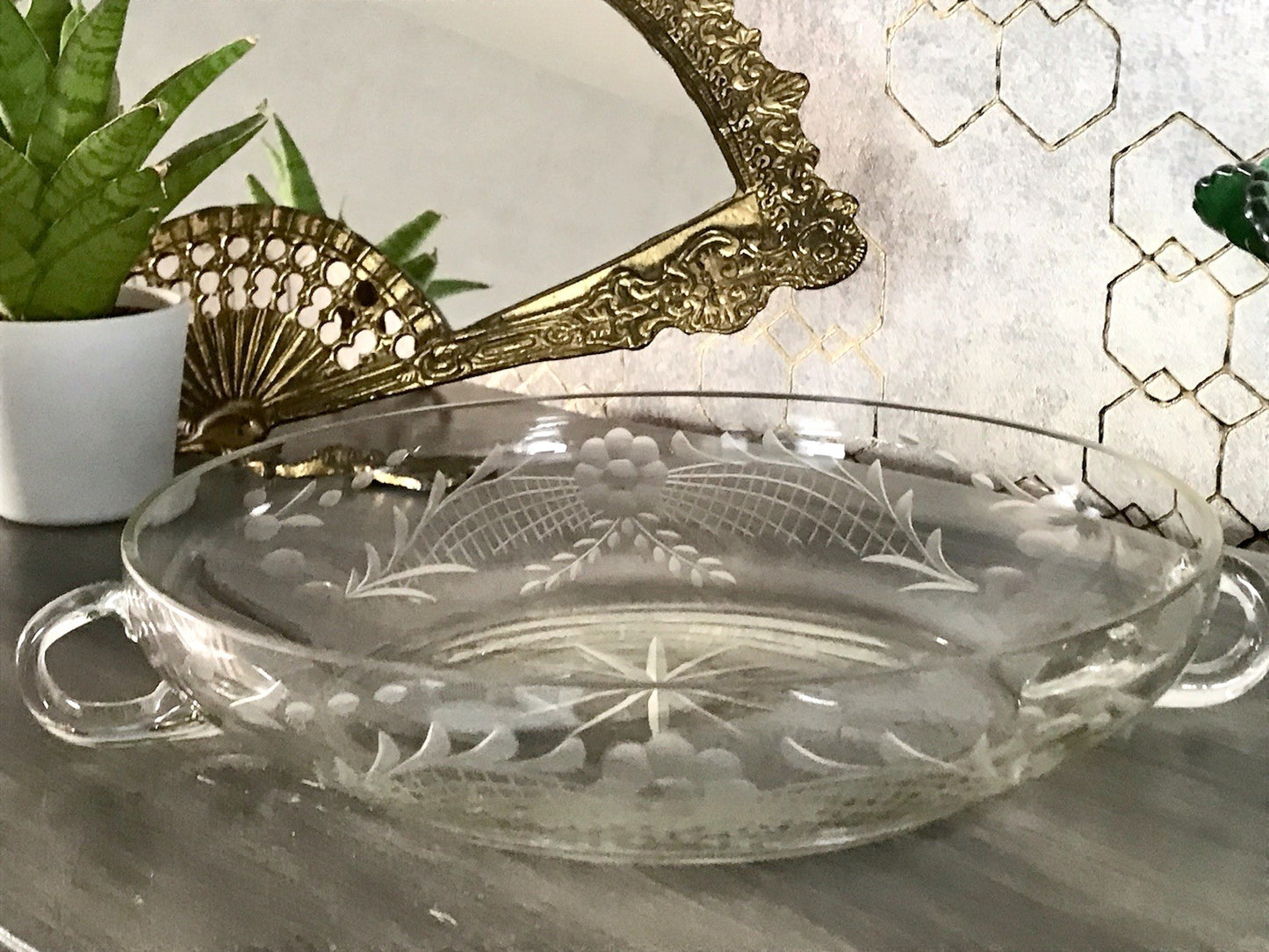 Antik EDEL Art Déco Schale Glasschale mundgeblasen geschliffen mit Henkeln