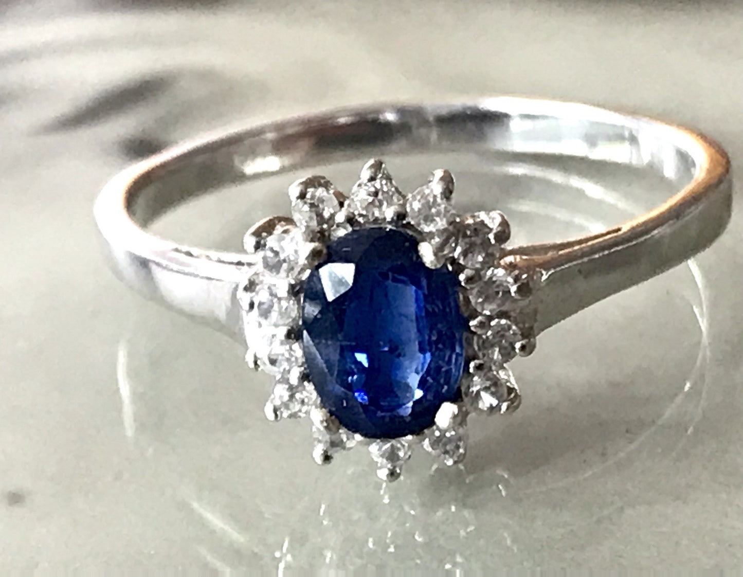 Vintage Entourage Halo Ring farblose Steine & Saphir Silber 925  ~Gr.62 63