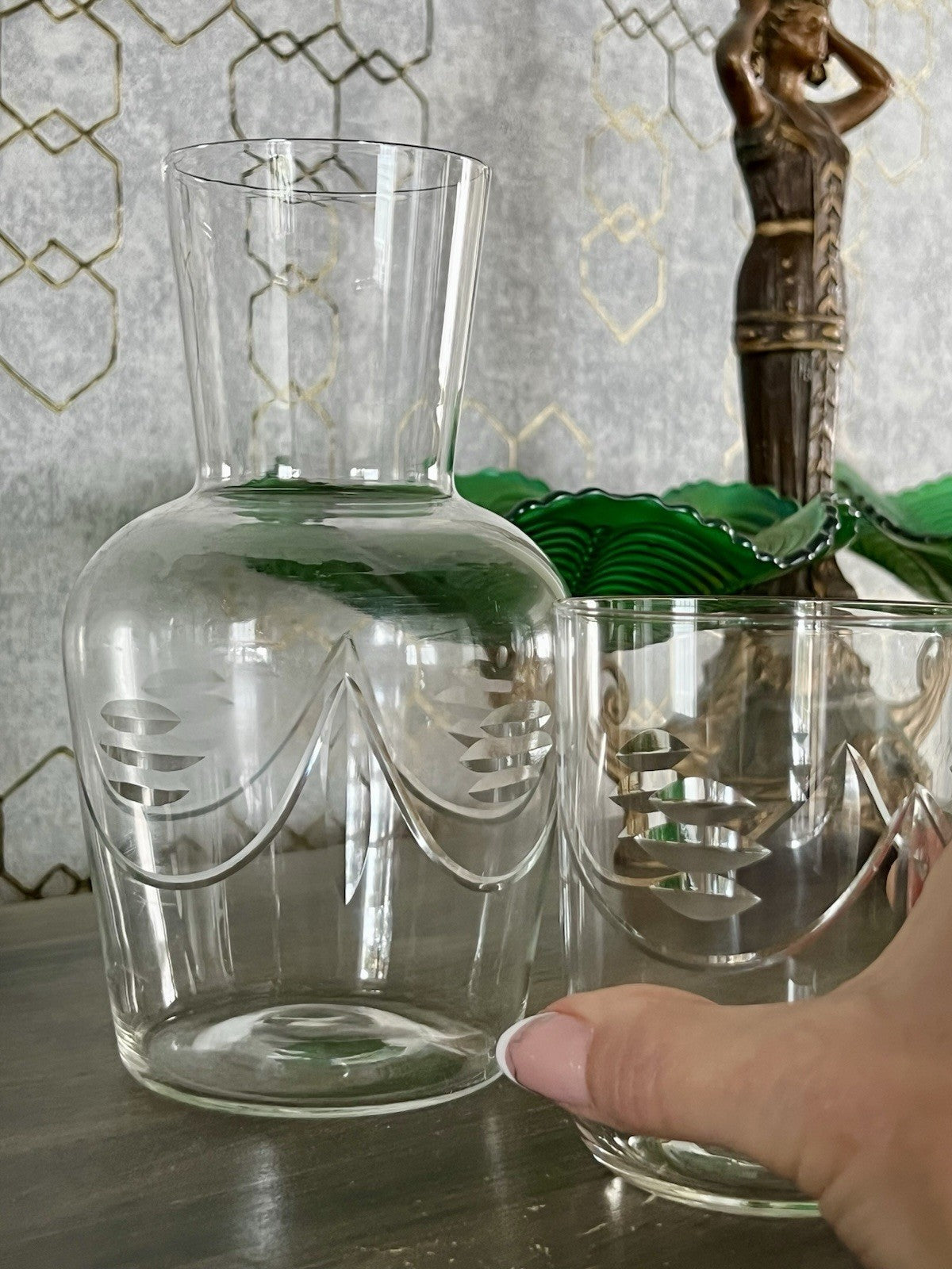 Antik Art Deco Sturzflasche Karaffe Dekanter & Becher Glas geschliffen