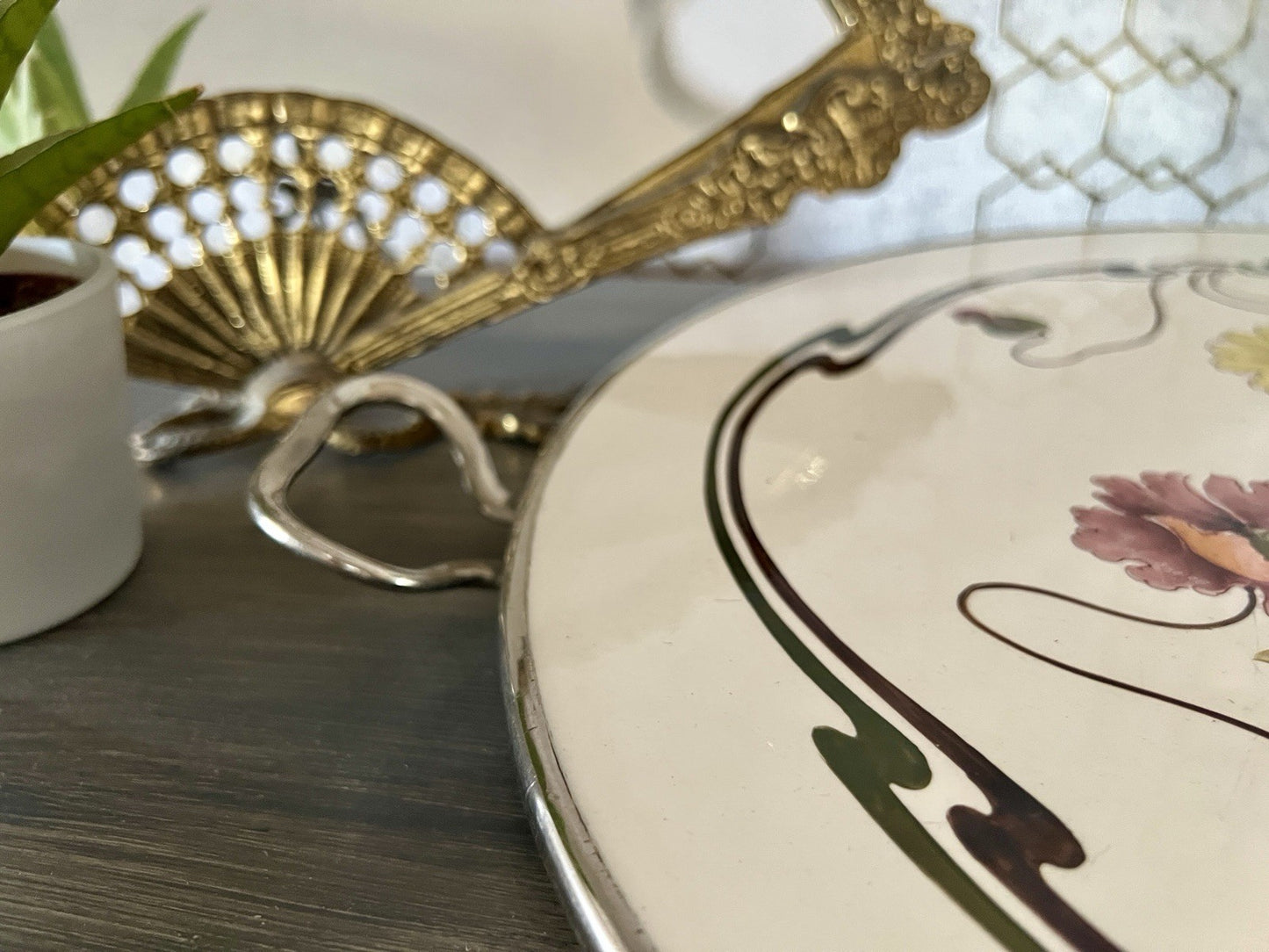 Antik WMF Jugendstil Art Deco Tortenplatte  Metallmontur Porzellan Keramik