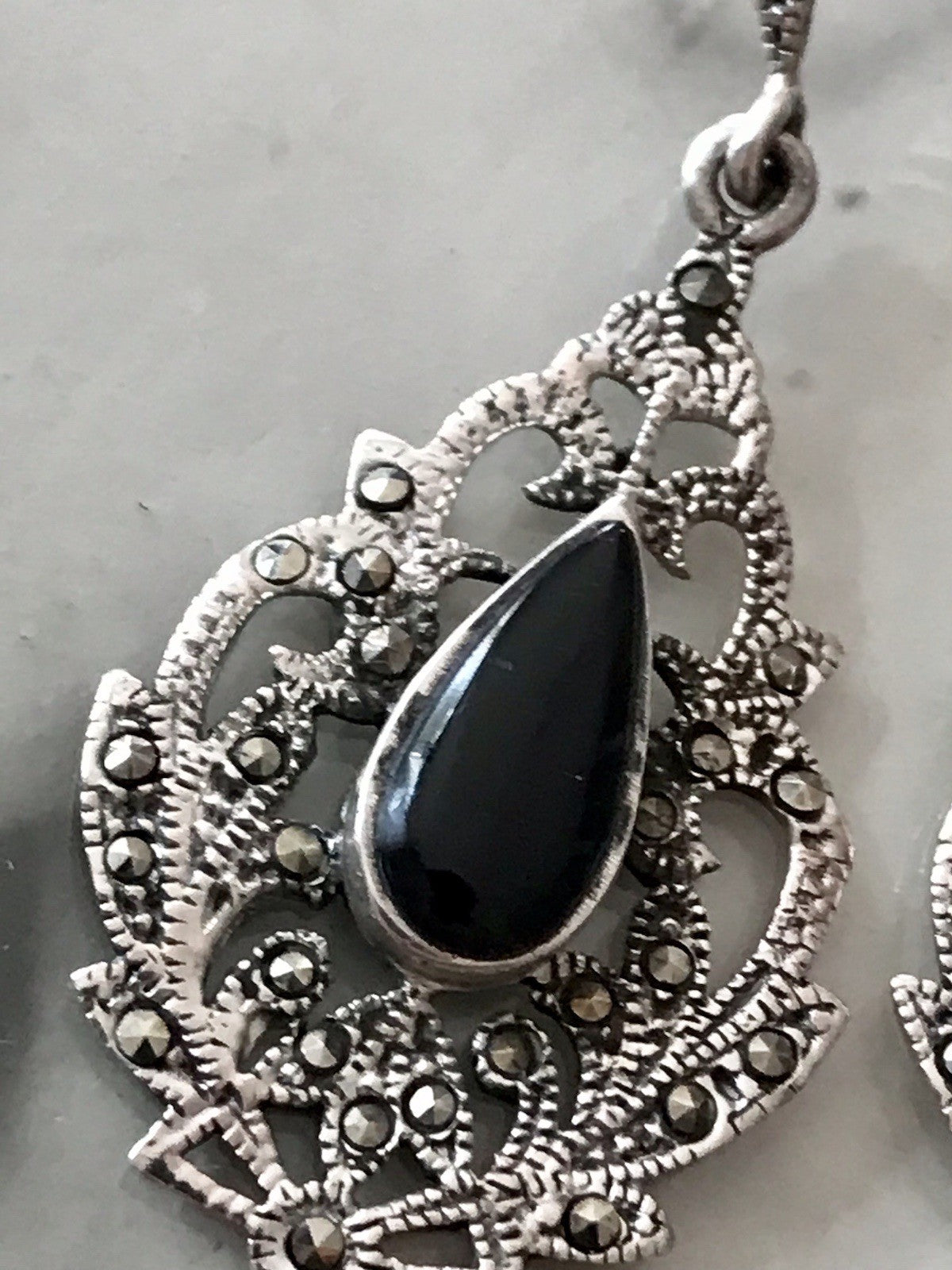 Antik Art Déco Wundervoll Ohrhänger Ohrringe DAMEN Silber 925 Onyx Markasite
