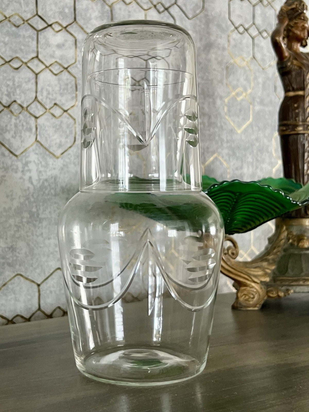 Antik Art Deco Sturzflasche Karaffe Dekanter & Becher Glas geschliffen