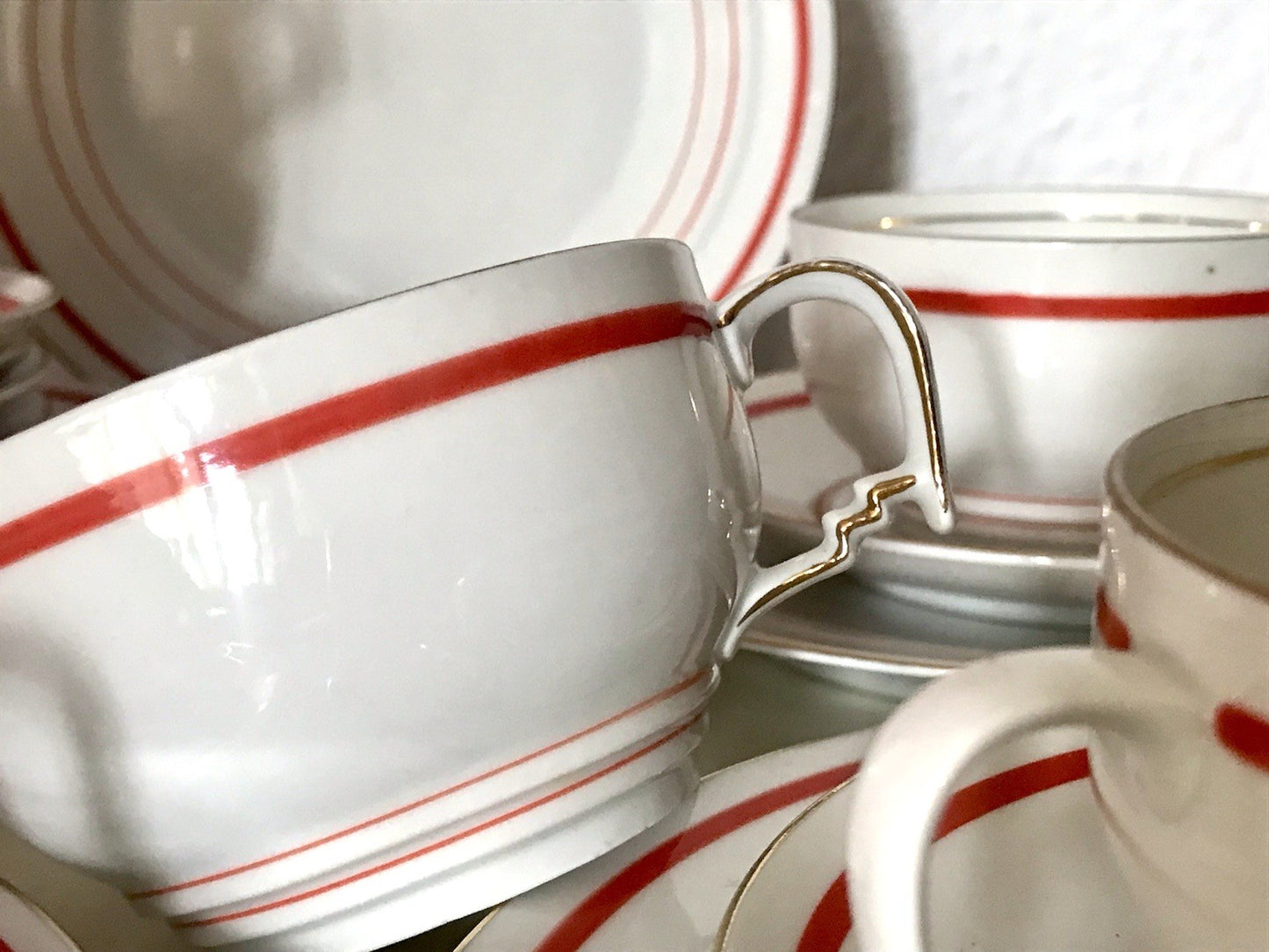 Antik Art Déco Porzellan Kaffeeservice weiß rot orange gemarkt deutsch Bauhaus