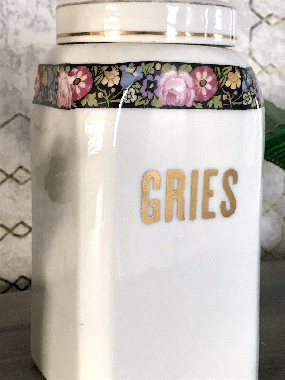 Antik Porzellan Dose Vorratsgefäß Vorratsdose Gries Blumenborte Art Déco