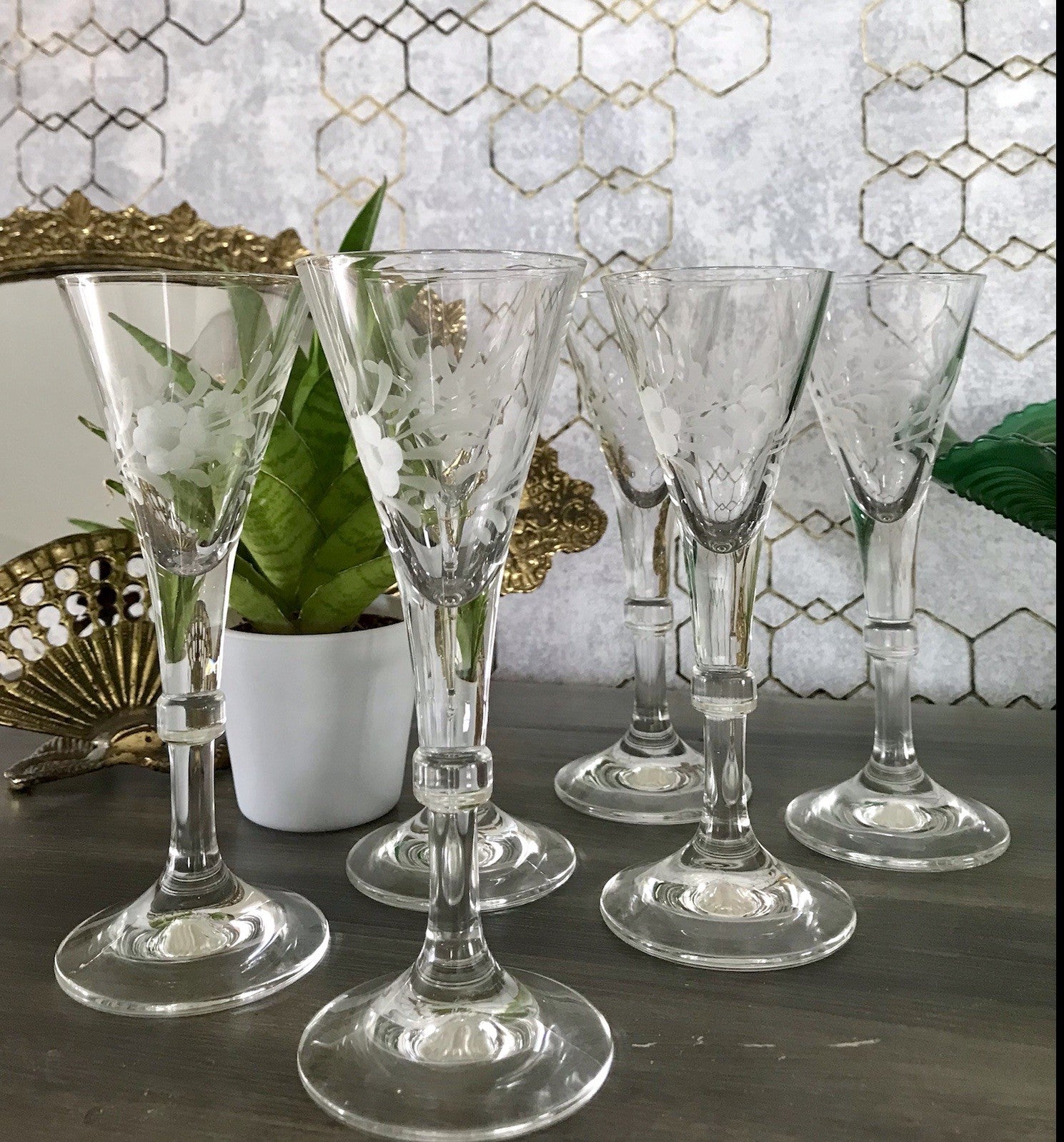 Antik Alt 6 Cherrygläser Gläser Kristallglas graviert