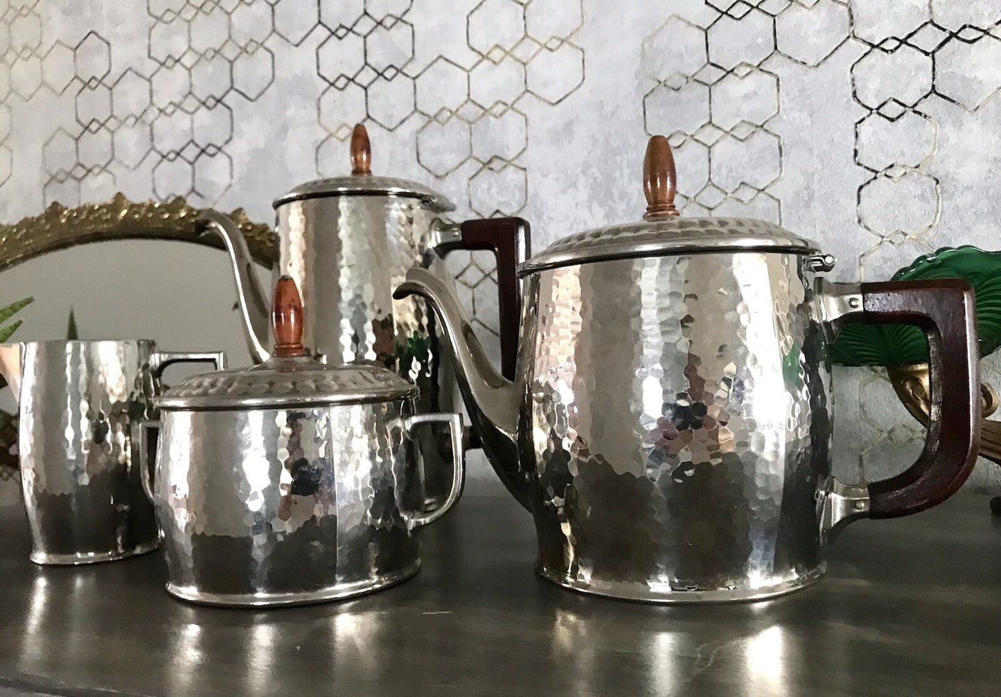 Antik WMF Jugendstil Kaffee Kernstück Zuckerdose Rahmgießer 2 Kanne Hammerschlag