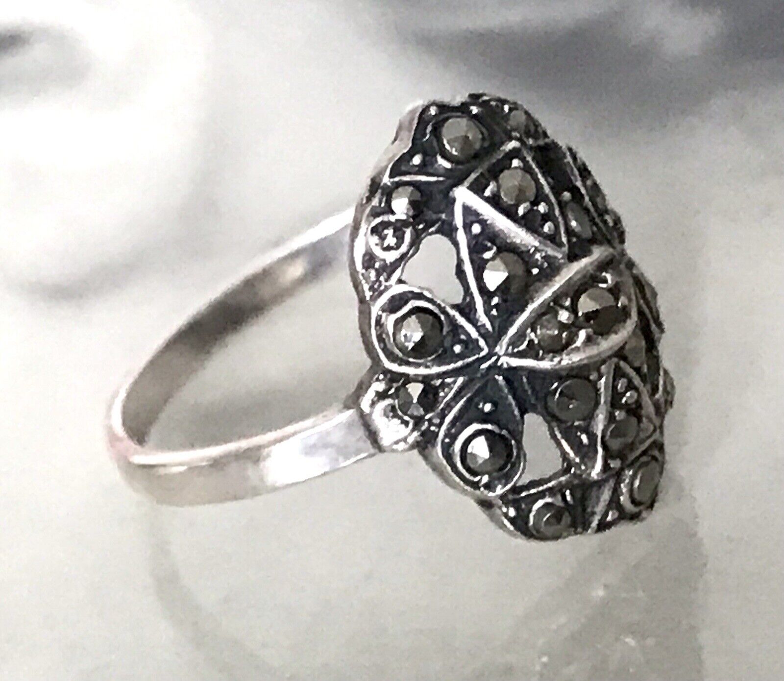 Antik Art Déco Edel Markasite DAMEN RING Silber 925 Gr.52 53 Schiffchen 1,68