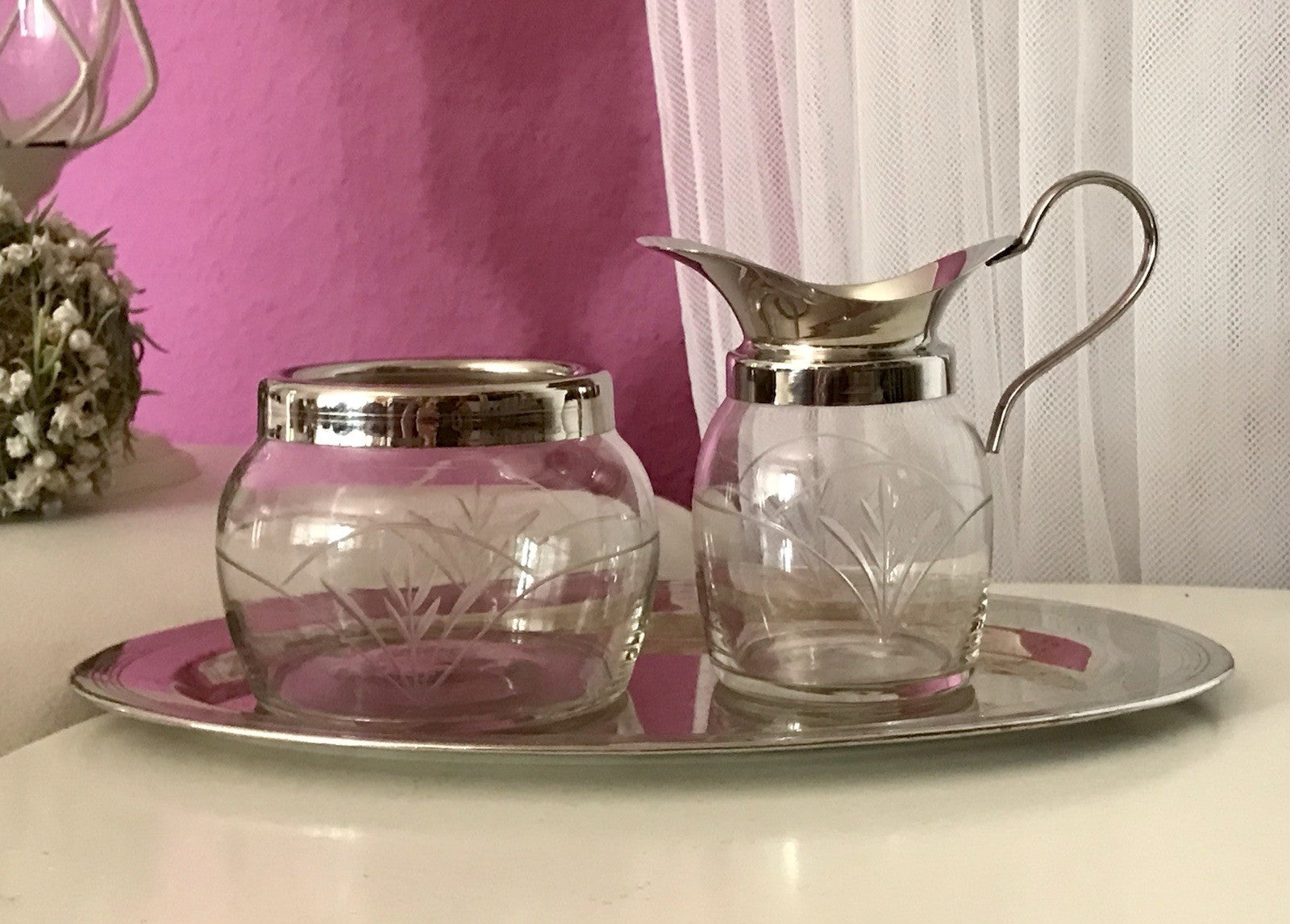 Antik Jugendstil 3 Teile Milch& Zucker Tablett Metallmontur & Glas geschliffen