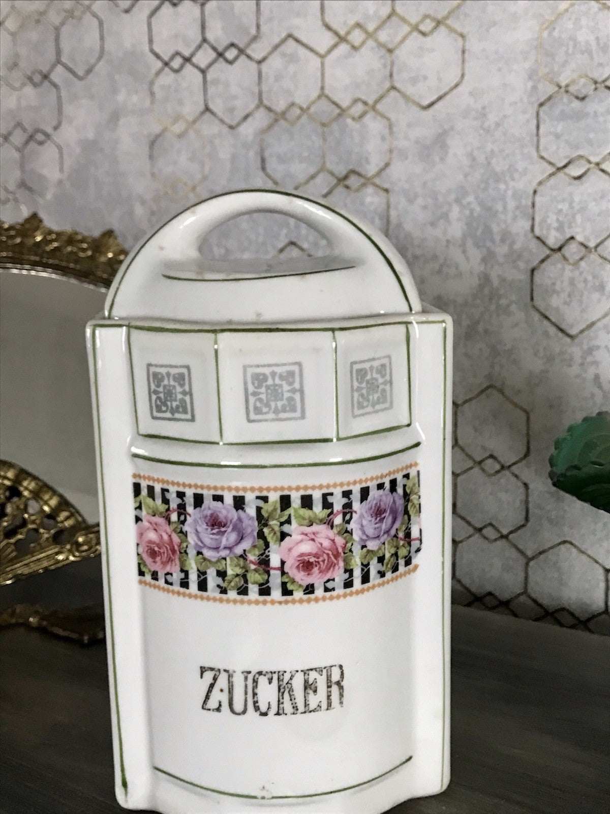 Antik Porzellan Dose Vorratsgefäß Vorratsdose Zucker Rosen Jugendstil Art Déco