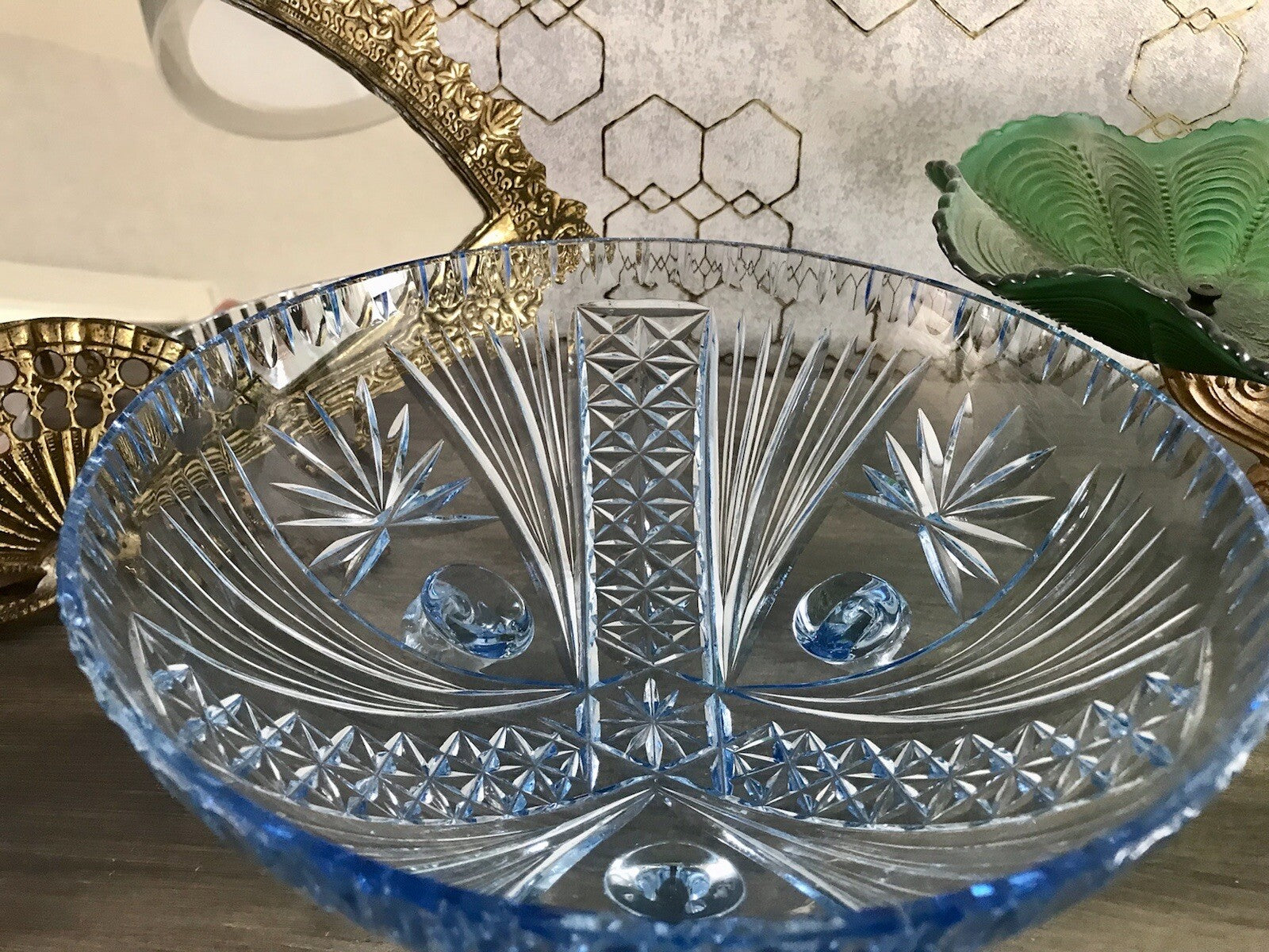Antik EDEL blau Art Déco Schale Glasschale mundgeblasen geschliffen 3füssig