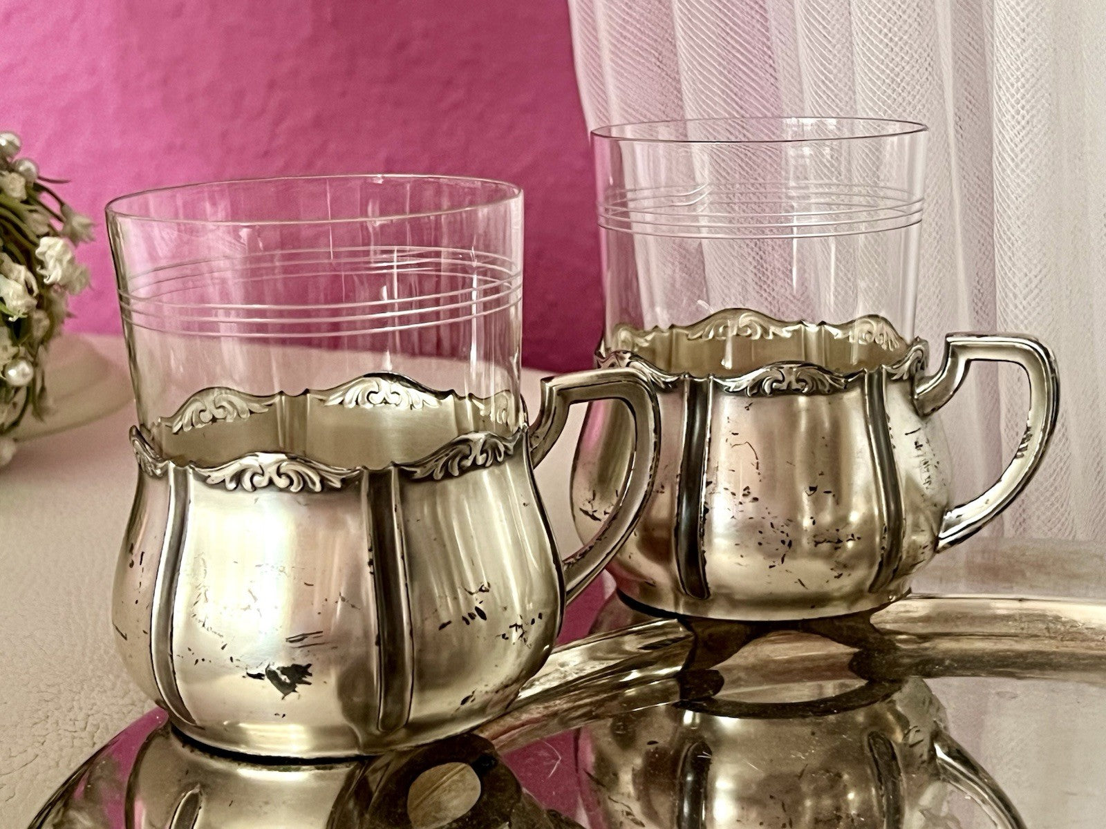 Antik WMF 6 Teeglashalter &6 Glaseinsätze Versilbert Art Déco  3x Straußenmarke