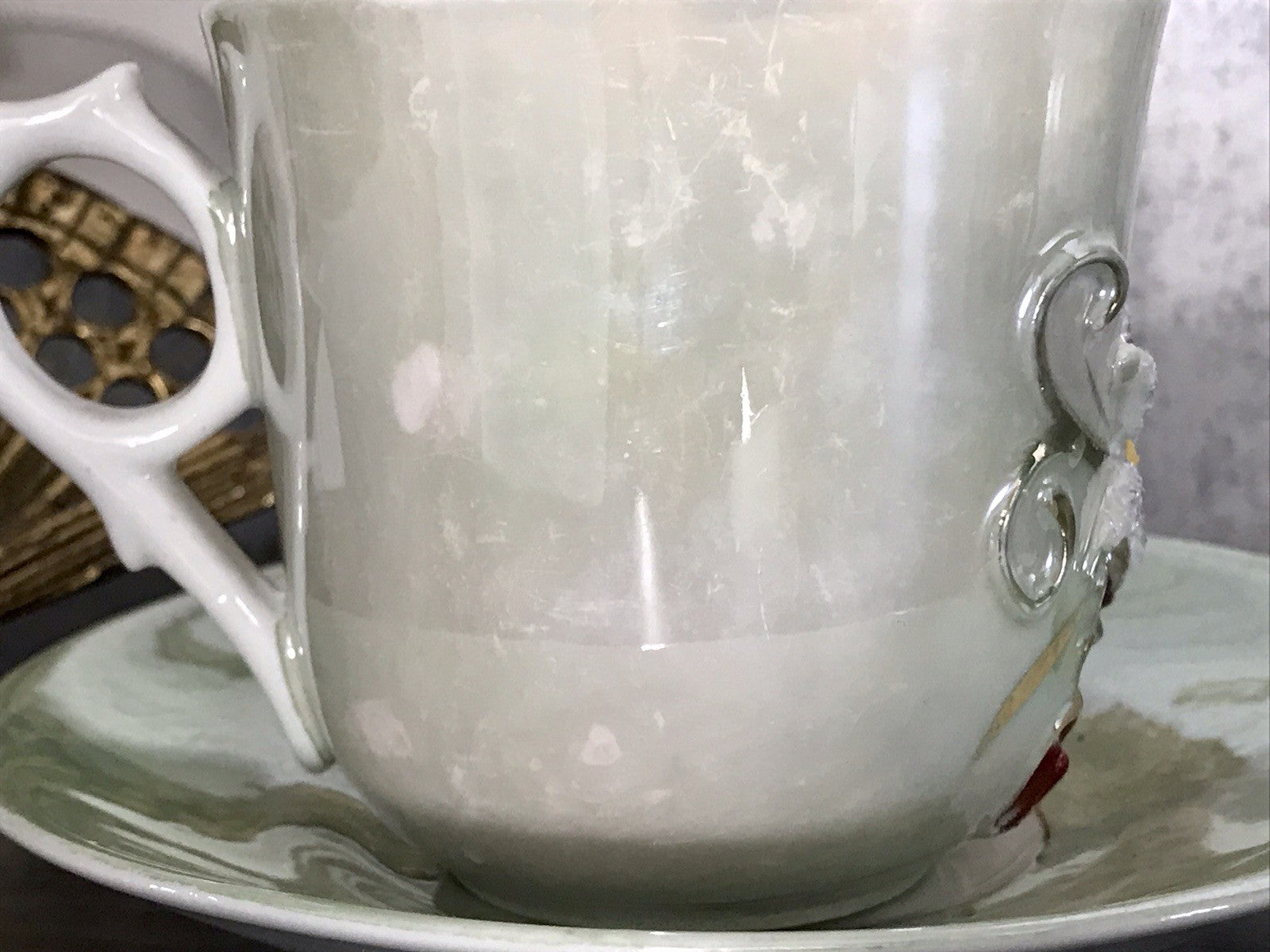 Antik Rosenhäferl Porzellan Andenken Tasse Zum Andenken Stucktasse grün rosa