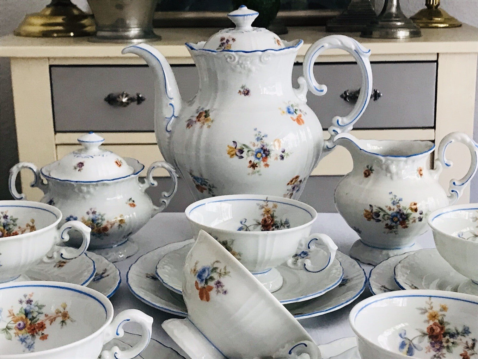 Antik spätes Art Déco Porzellan Kaffeeservice Stadtlengsfeld Rhön 1949-52
