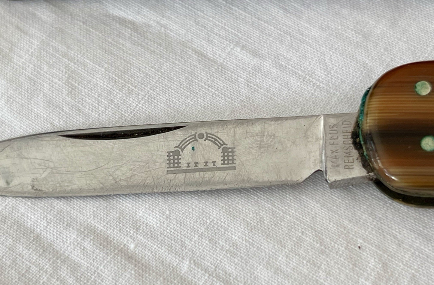 Antik Vintage Taschenmesser Klappmesser Jagdmesser Max Flus Remscheid Lederetui