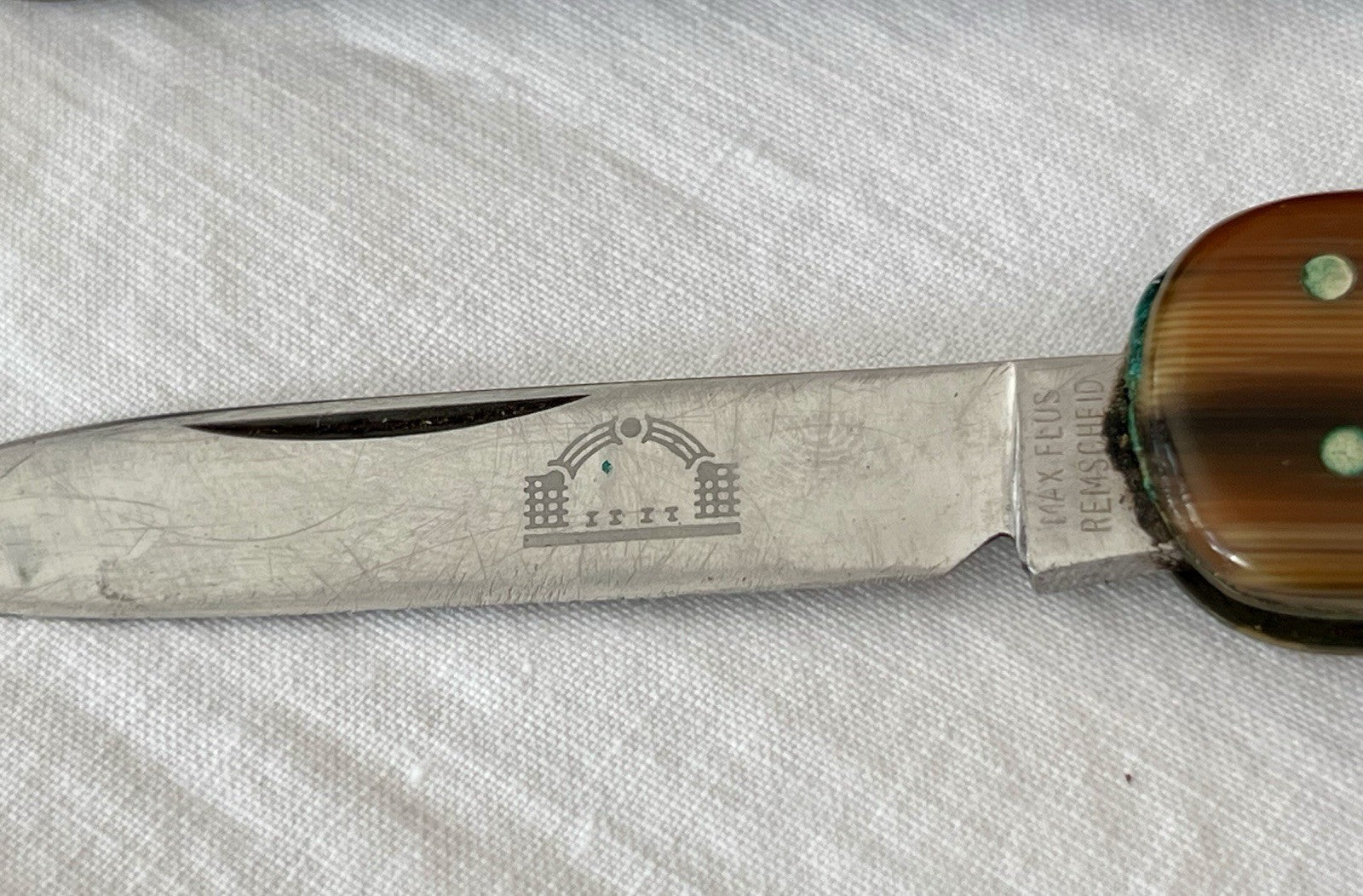 Antik Vintage Taschenmesser Klappmesser Jagdmesser Max Flus Remscheid Lederetui