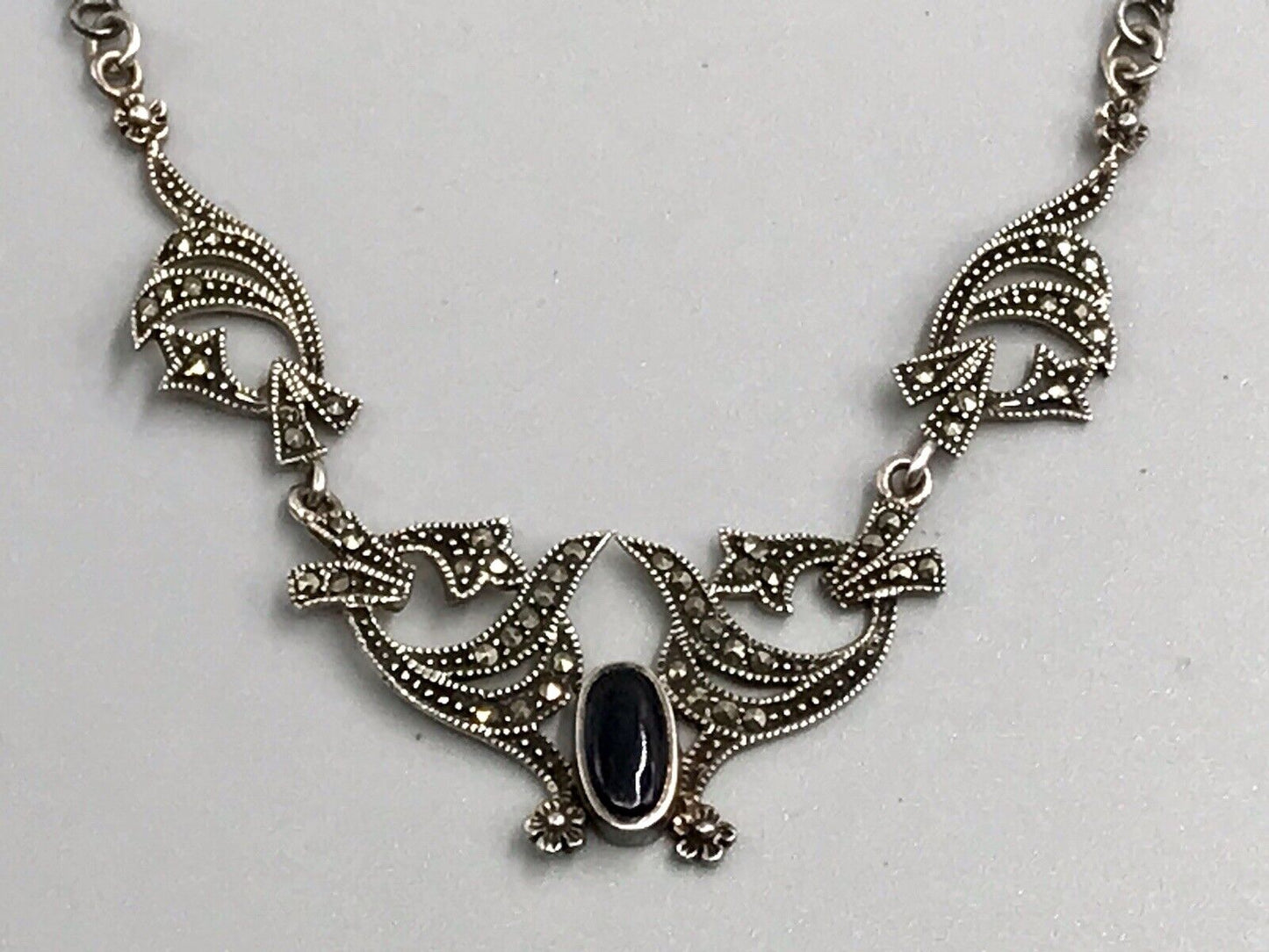 Antik Edel Jugendstil Art Déco 925 Silber Collier Halskette mit Onyx & Markasite