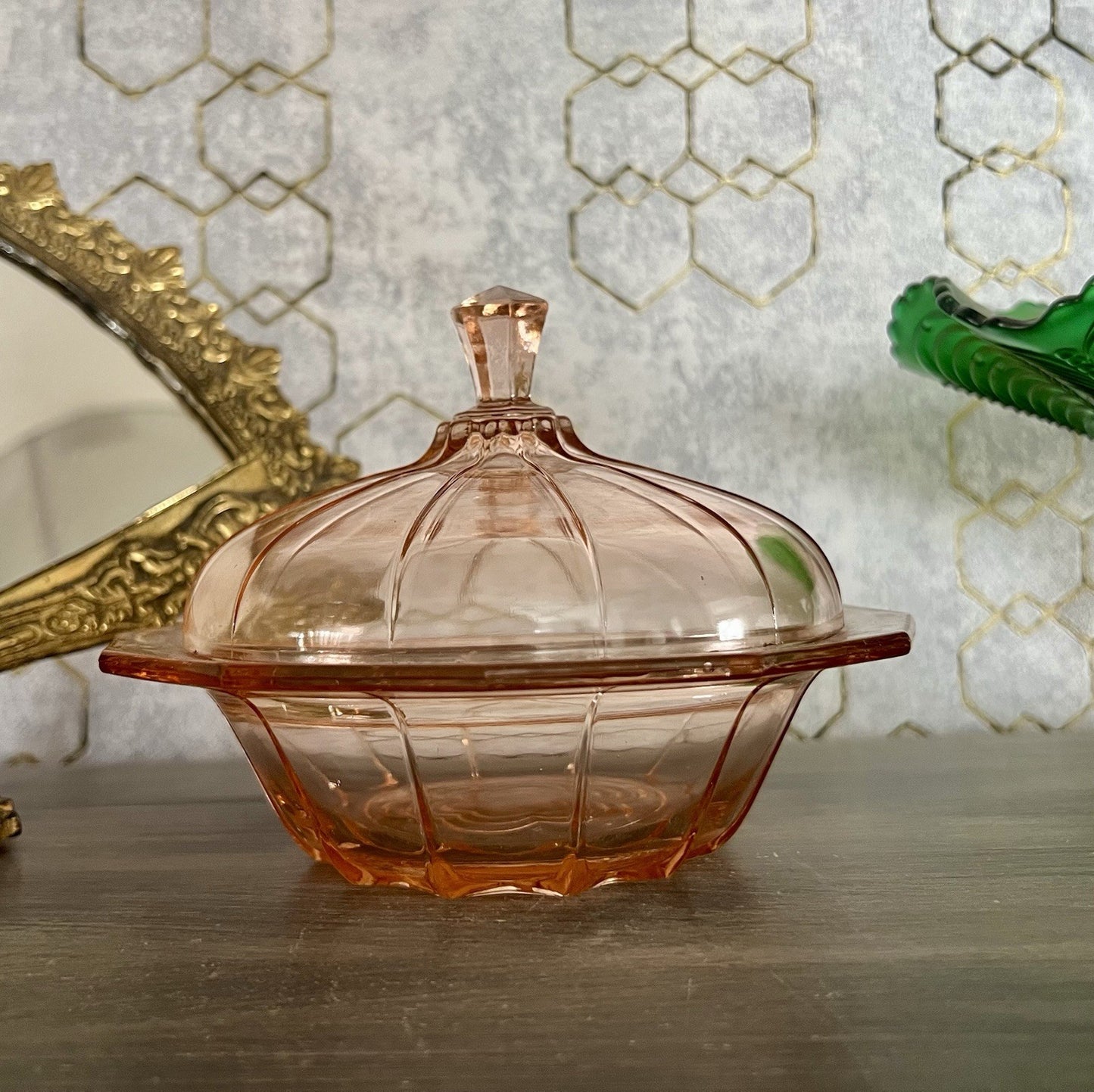 Antik Art Déco Dose Deckeldose Rosalin Rosa Pressglas