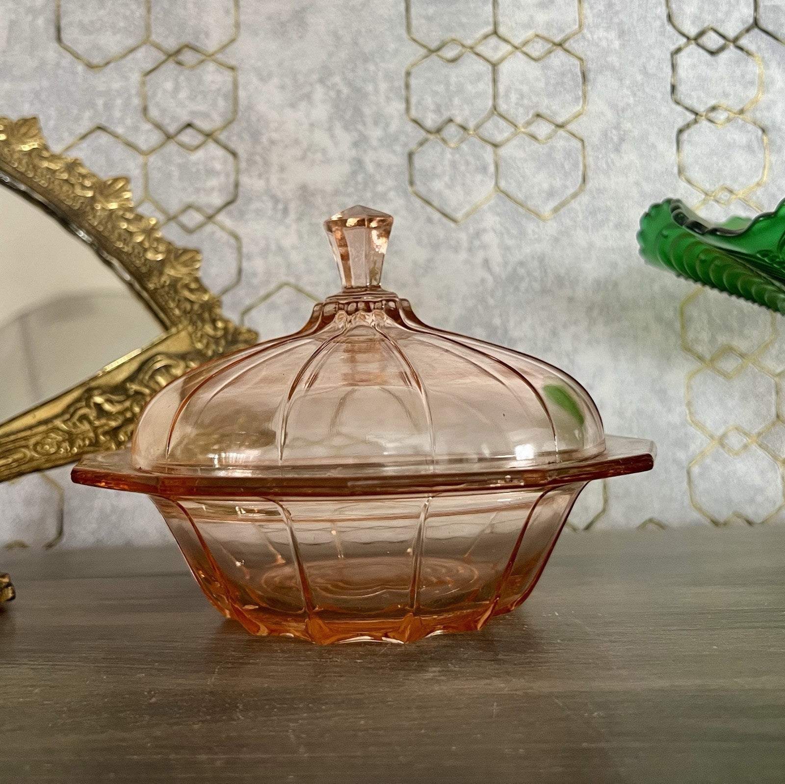 Antik Art Déco Dose Deckeldose Rosalin Rosa Pressglas