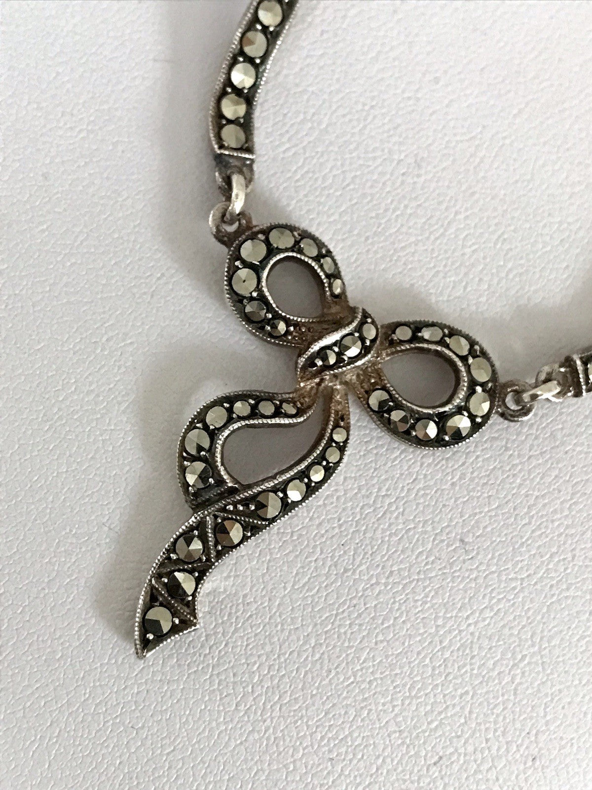 Antik Edel Jugendstil 835 Silber Collier Halskette Markasite Schleife