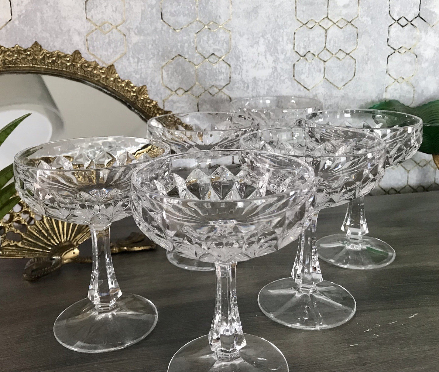 Vintage 9x Champagnerschalen Sektschalen Kristallglas Schliff Bleikristall