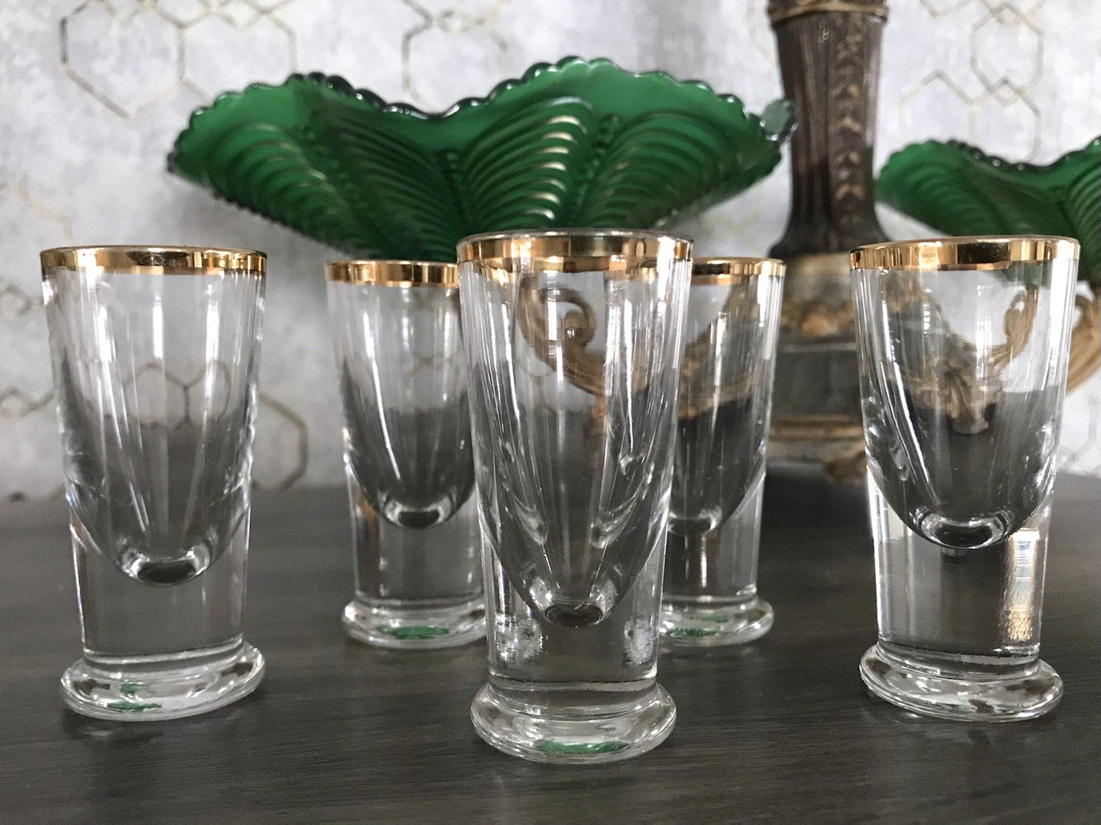 Antik 5 Pinnchen Schnapsgläser Golddekor Glas Biedermeier Likörgläser
