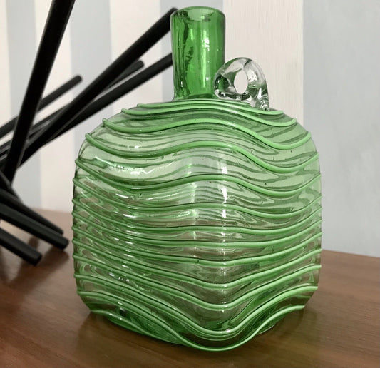 Vintage Vase Murano? Glasvase grün Aufschmelzungen Fäden Henkelvase