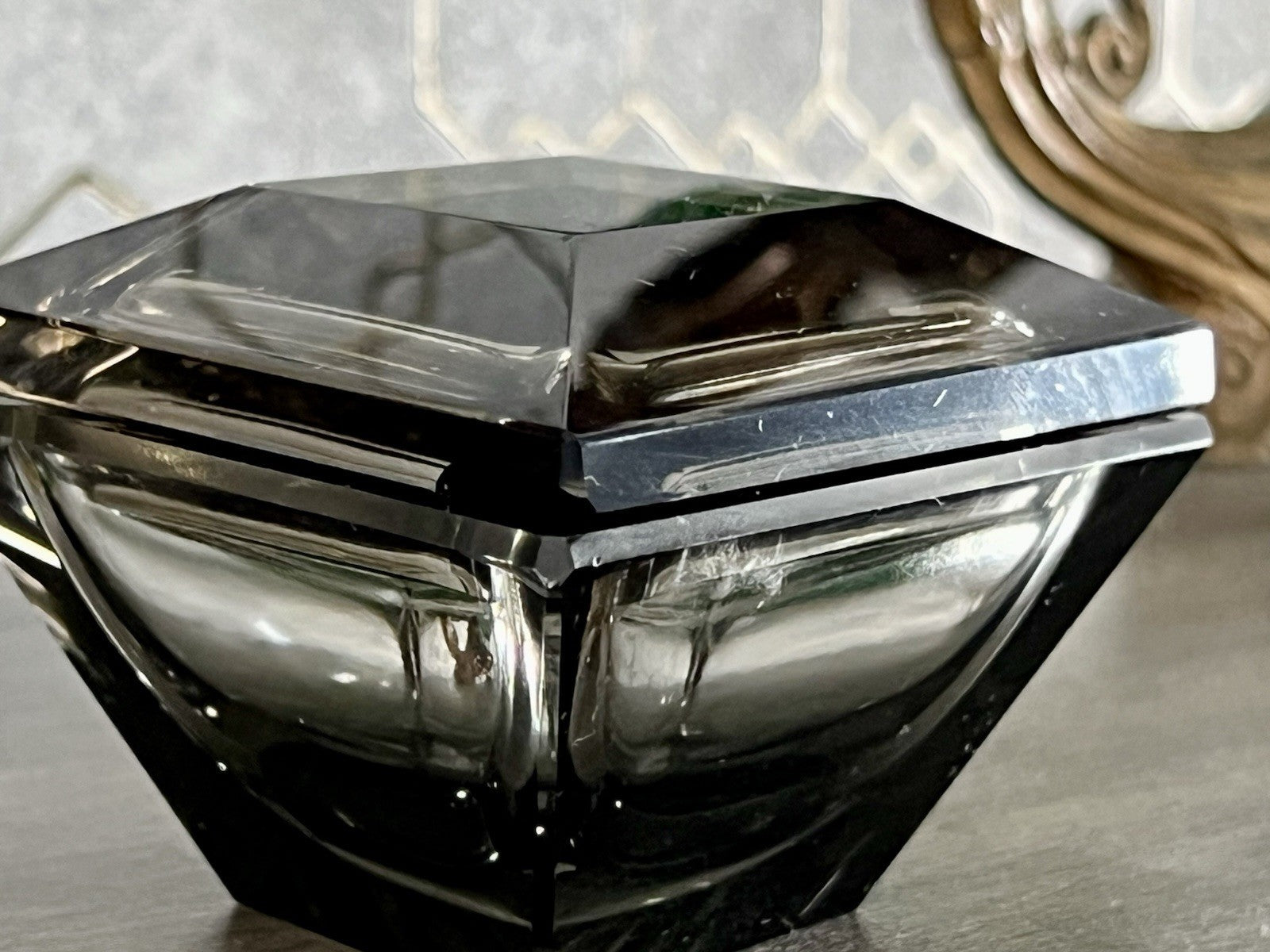 EDEL Art Déco antik Glasdose Kristallglas Frisiertisch Dose grau Schliff