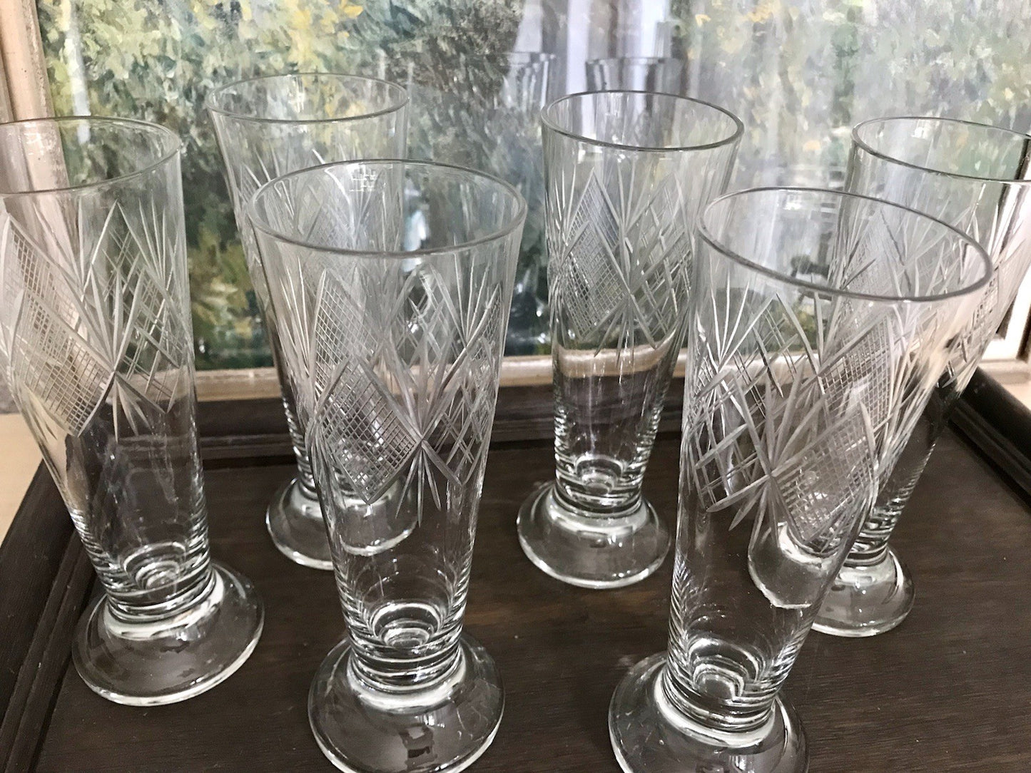 Antik 6x Fußbecher Fußrand-Becher mundgebl. Pokalgläser Kristallglas? Schliff