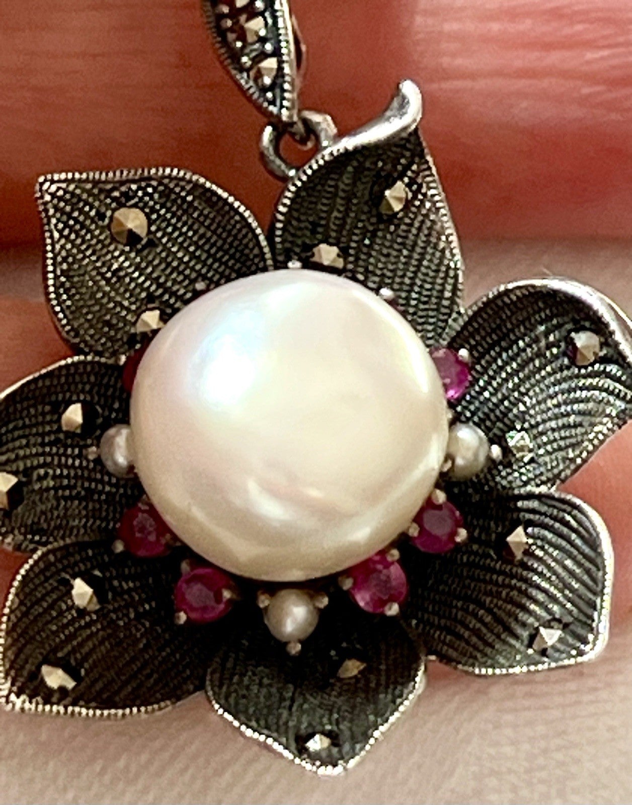GROß rund Kettenanhänger Anhänger 925 Silber Perle Rubine Markasite Orchidee