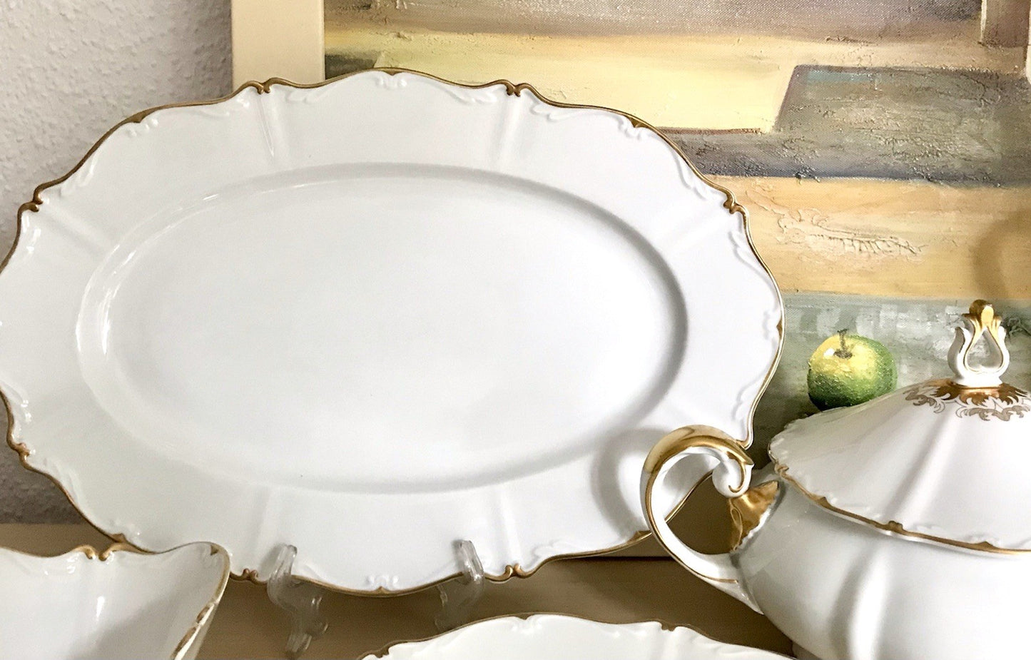 Antik Art Déco Porzellan Tafelservice Carstens Sorau weiß goldene Ranke EDEL