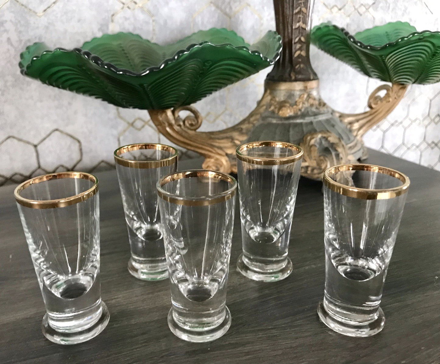 Antik 5 Pinnchen Schnapsgläser Golddekor Glas Biedermeier Likörgläser