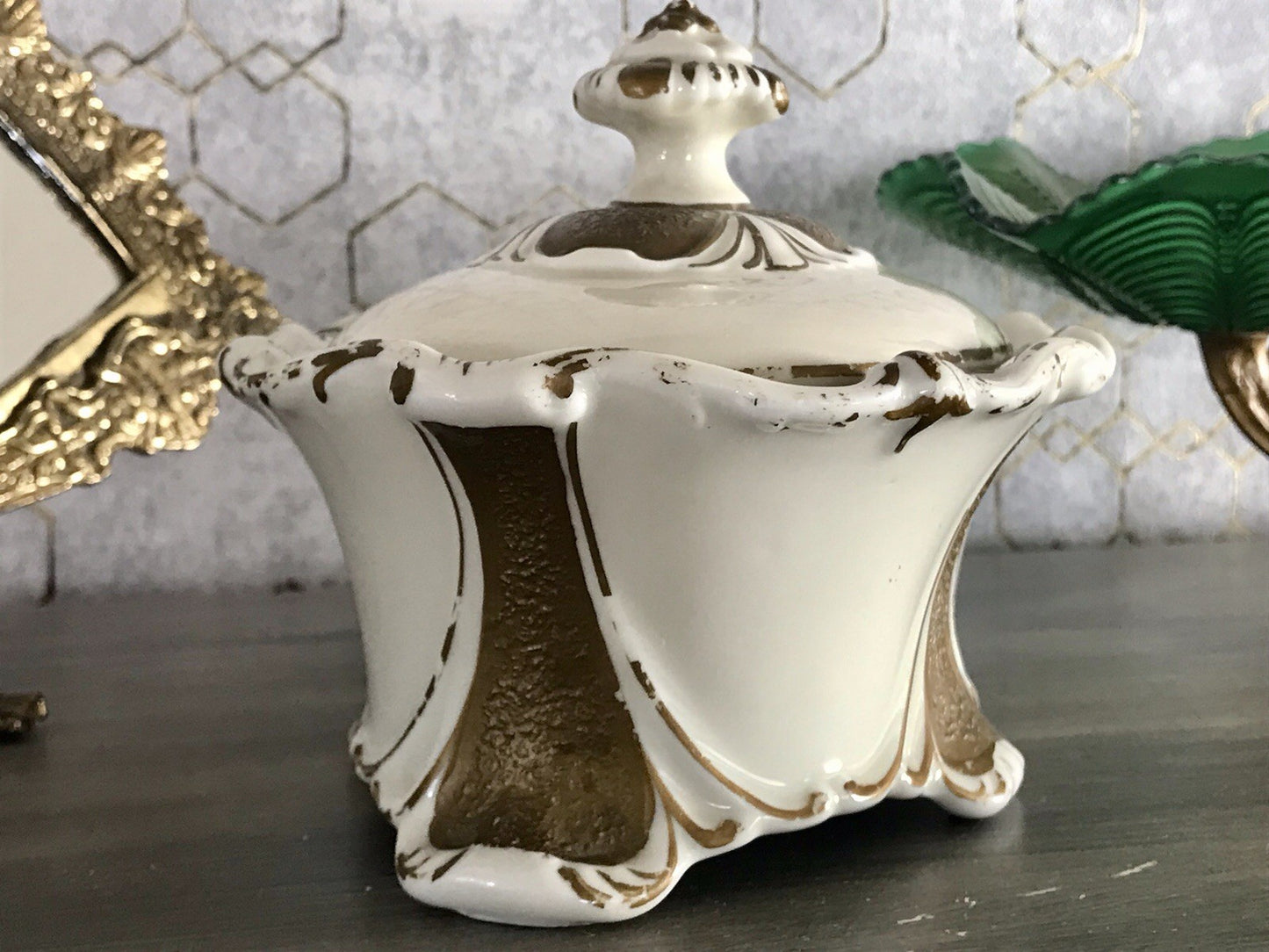 Antik Art Déco Porzellan Dose Deckeldose Schatulle Bonboniere Neu-Tettau 1930