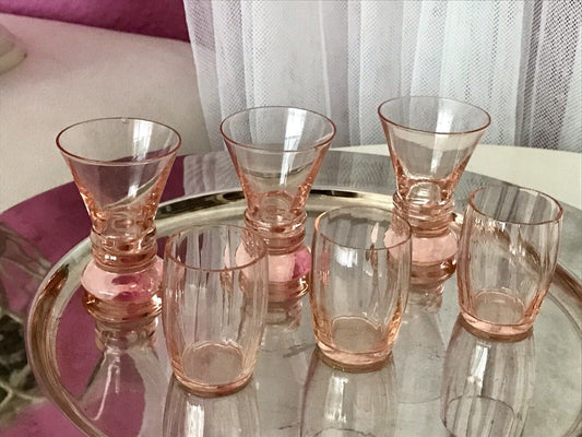 Antik ~1900 -20 6x Schnapsgläser Likör Gläser Pinchen optisch gerippt Glas rosa