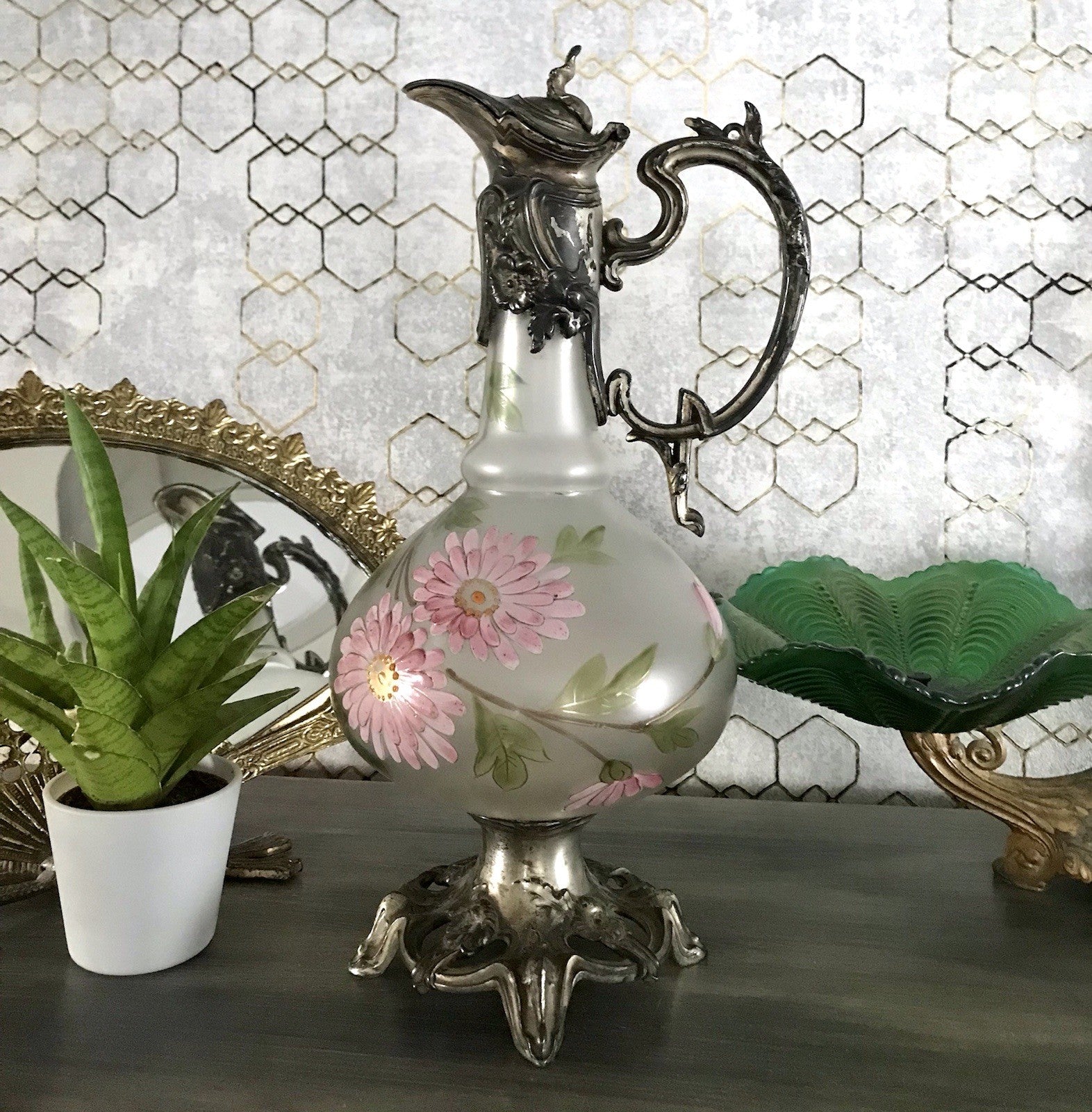 Antik Legras Karaffe Dekanter Schankkrug Glas versilbert Montur bemalt