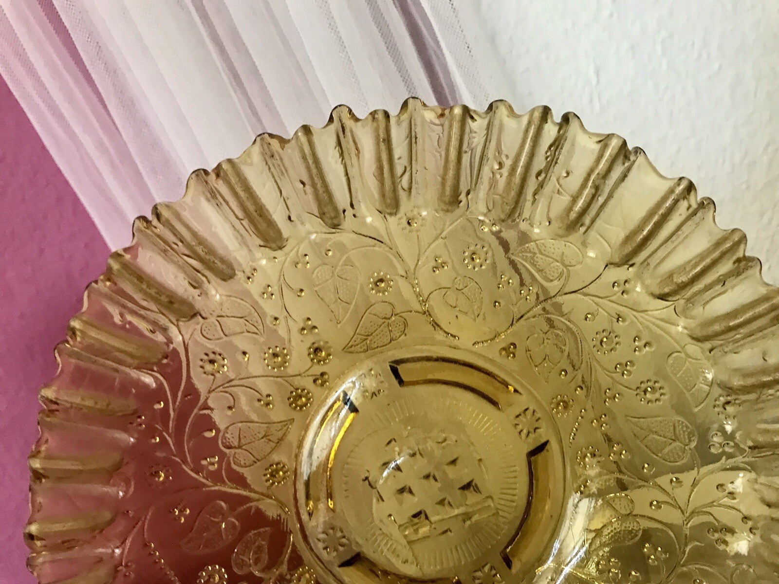 Antik Jugendstil Serviettenrand Pressglas Schale Glas Fenne Ewald Gelb Selten!