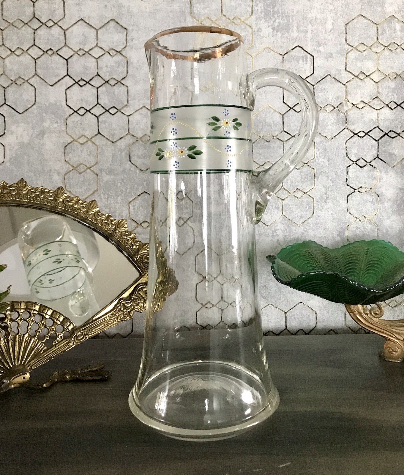 Antik Jugendstil große Karaffe Krug Schankkrug Emaile Golddekor Kanne