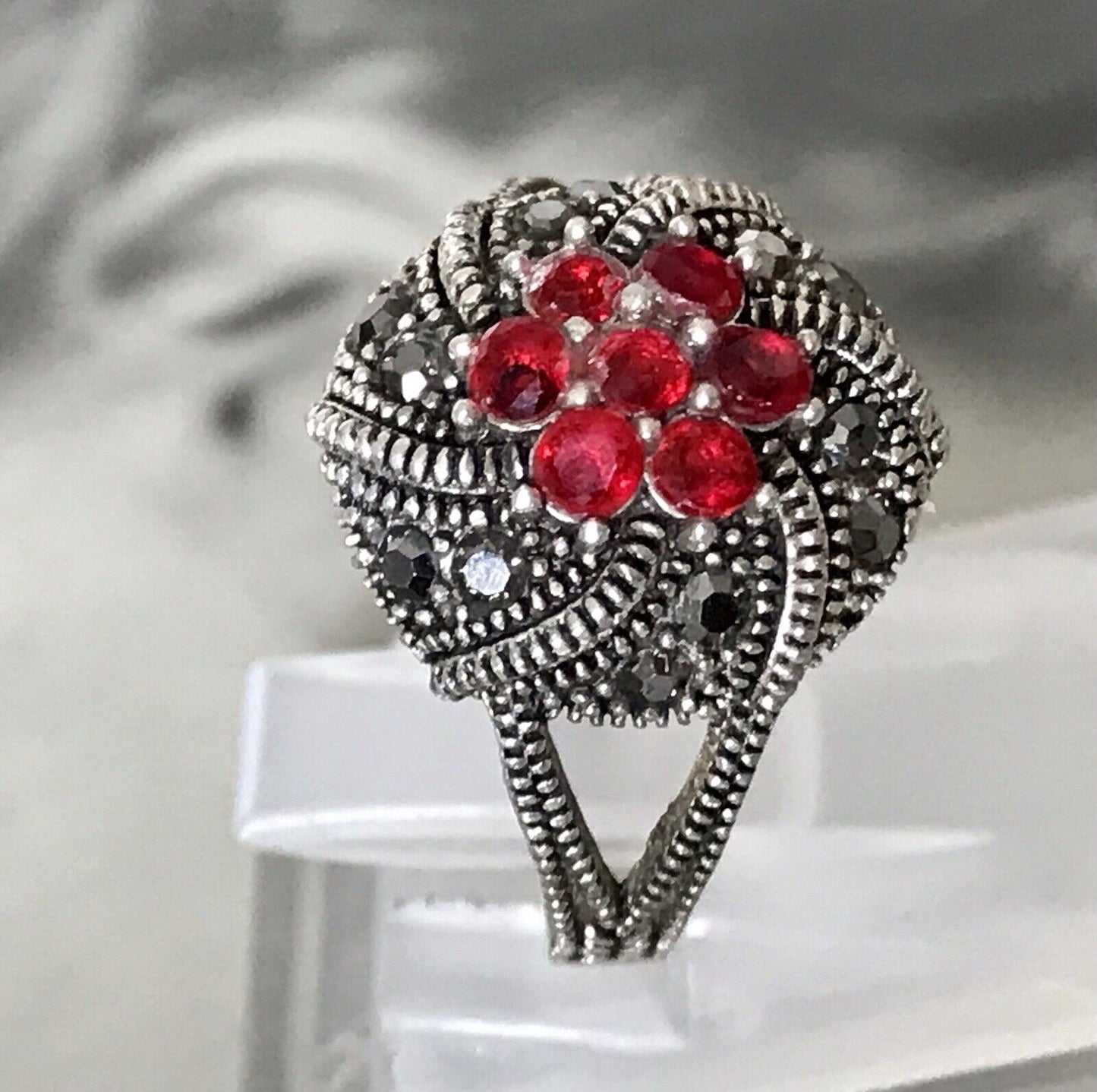 Alt antikisiert Damen Ring Silber 925 SUPER rote Steine Markasite Gr.55