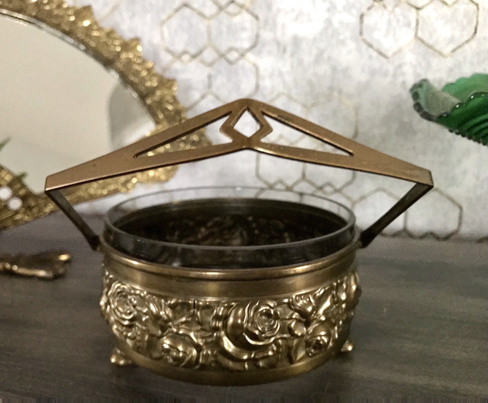 Antik Jugendstil Art  Déco Messing Montur Rosen Schale Bonboniere Glaseinsatz