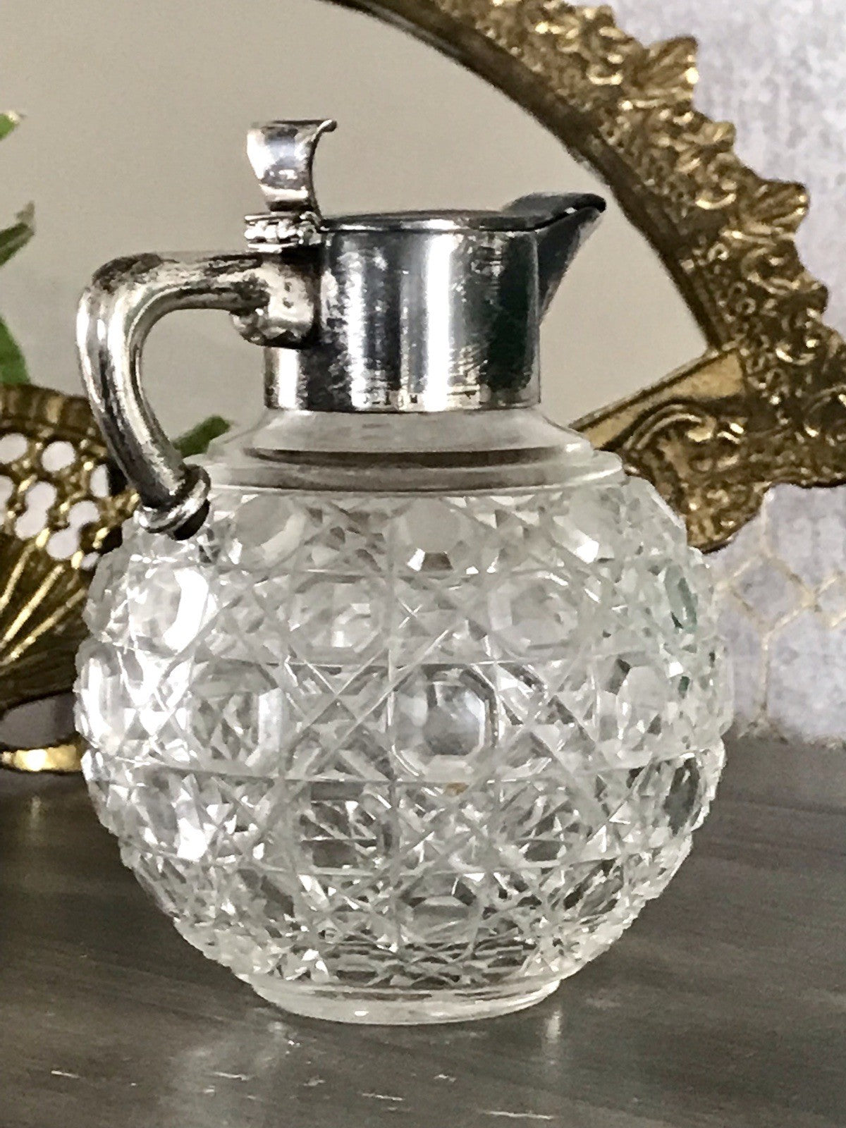 Antik EDEL Schliff Karaffe Kännchen Silber 800 Kristall Glaseinsatz Jugendstil