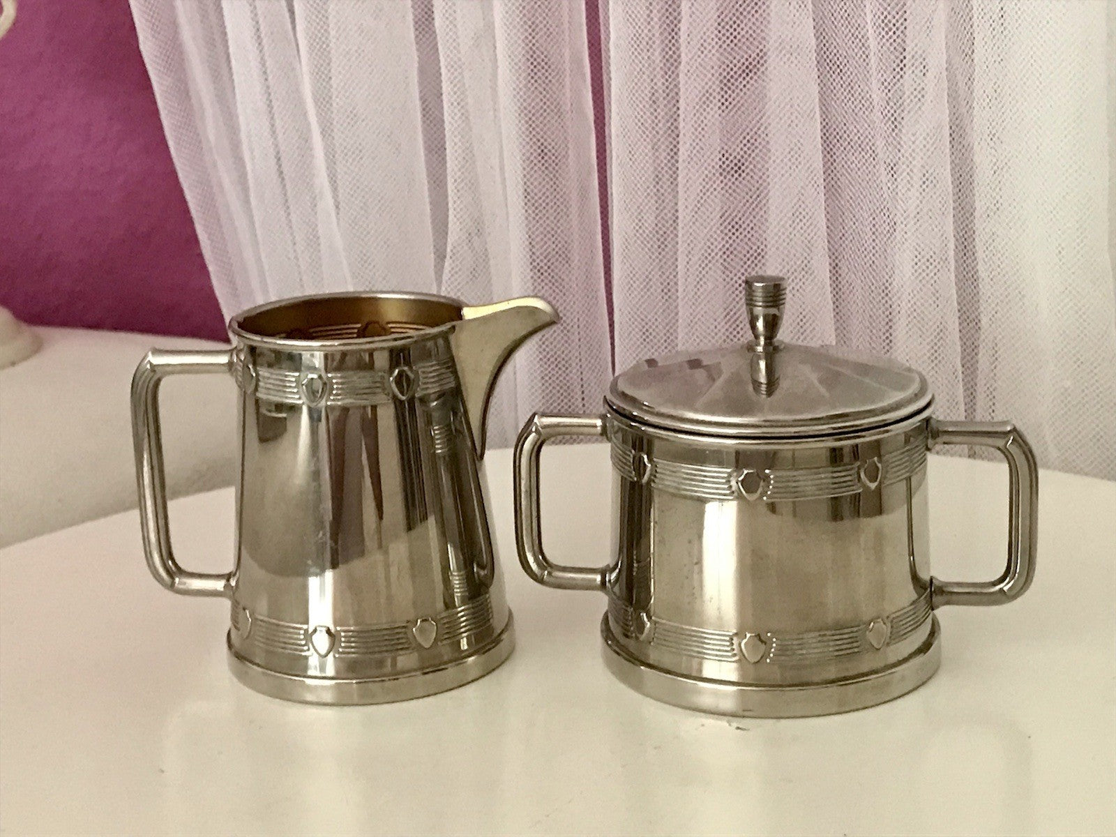 Antik Jugendstil Art Déco Kaffee Kernstück Zuckerdose Rahmgießer verchromt? 2tlg