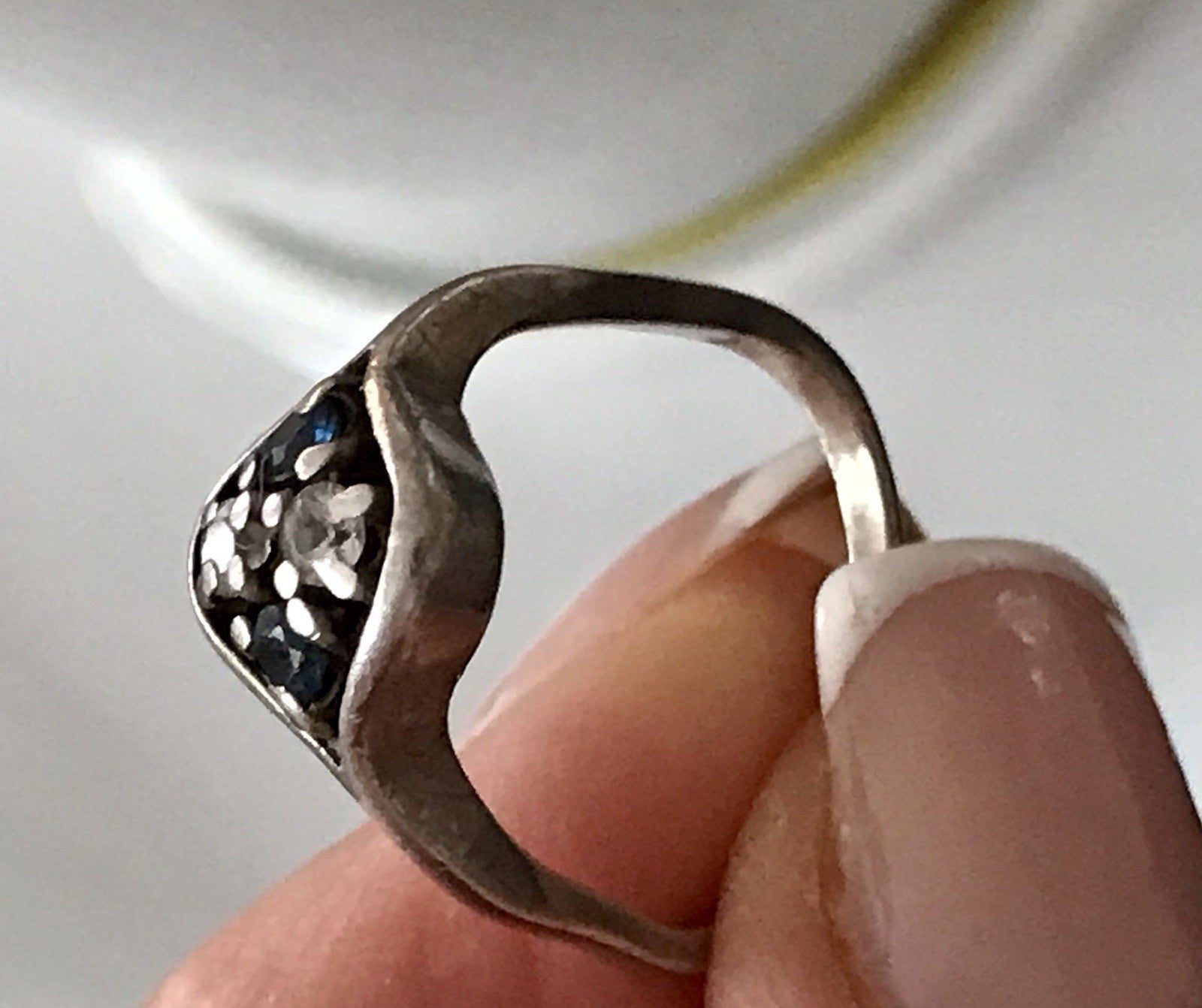 Antik ? Art Déco Damen Ring blaue farblose Steine Silber 925 Gr.51 52 Teka