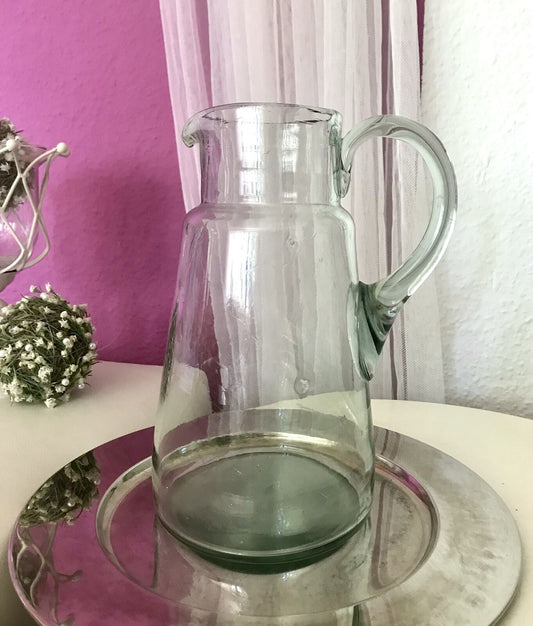 Antik groß Krug Glas Karaffe Kanne Wasserkrug Glas mundgeblasen light türkis