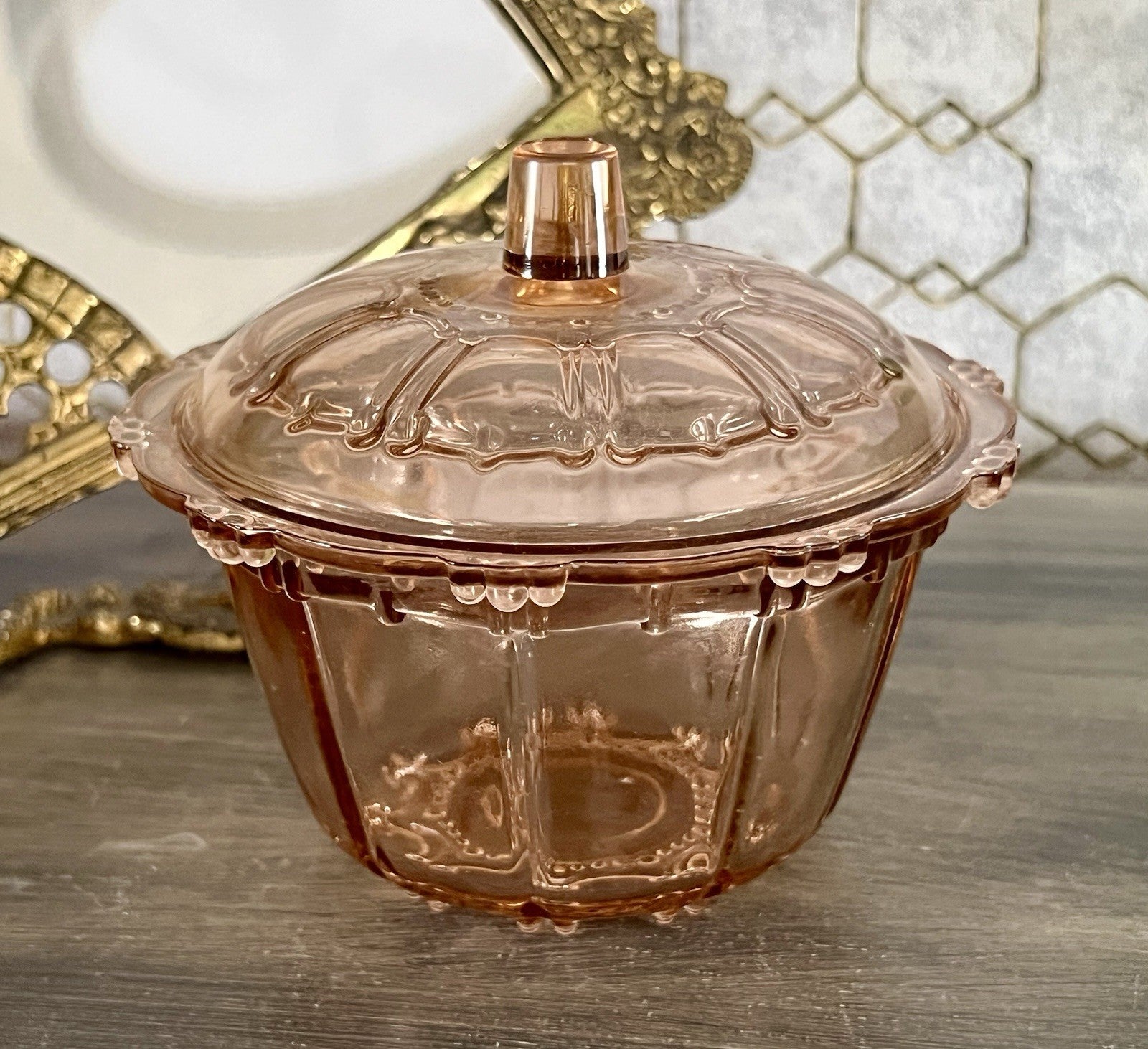 Art Déco Stil Dose Deckeldose Rosalin Rosa Pressglas