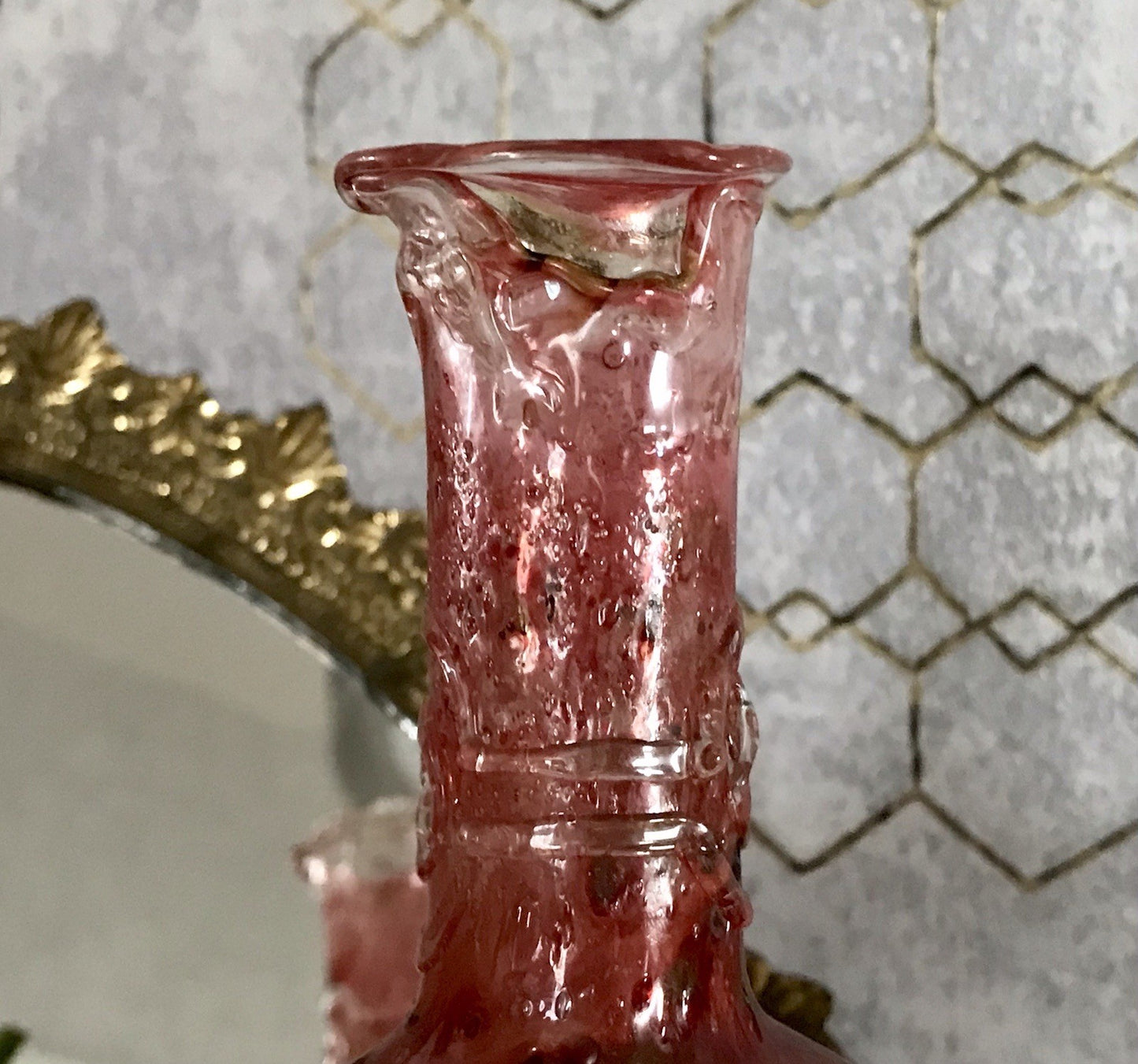 Vintage Pavel Molnār Glas Glaskunst Glasvase rot Faden Aufschmelzungen signiert