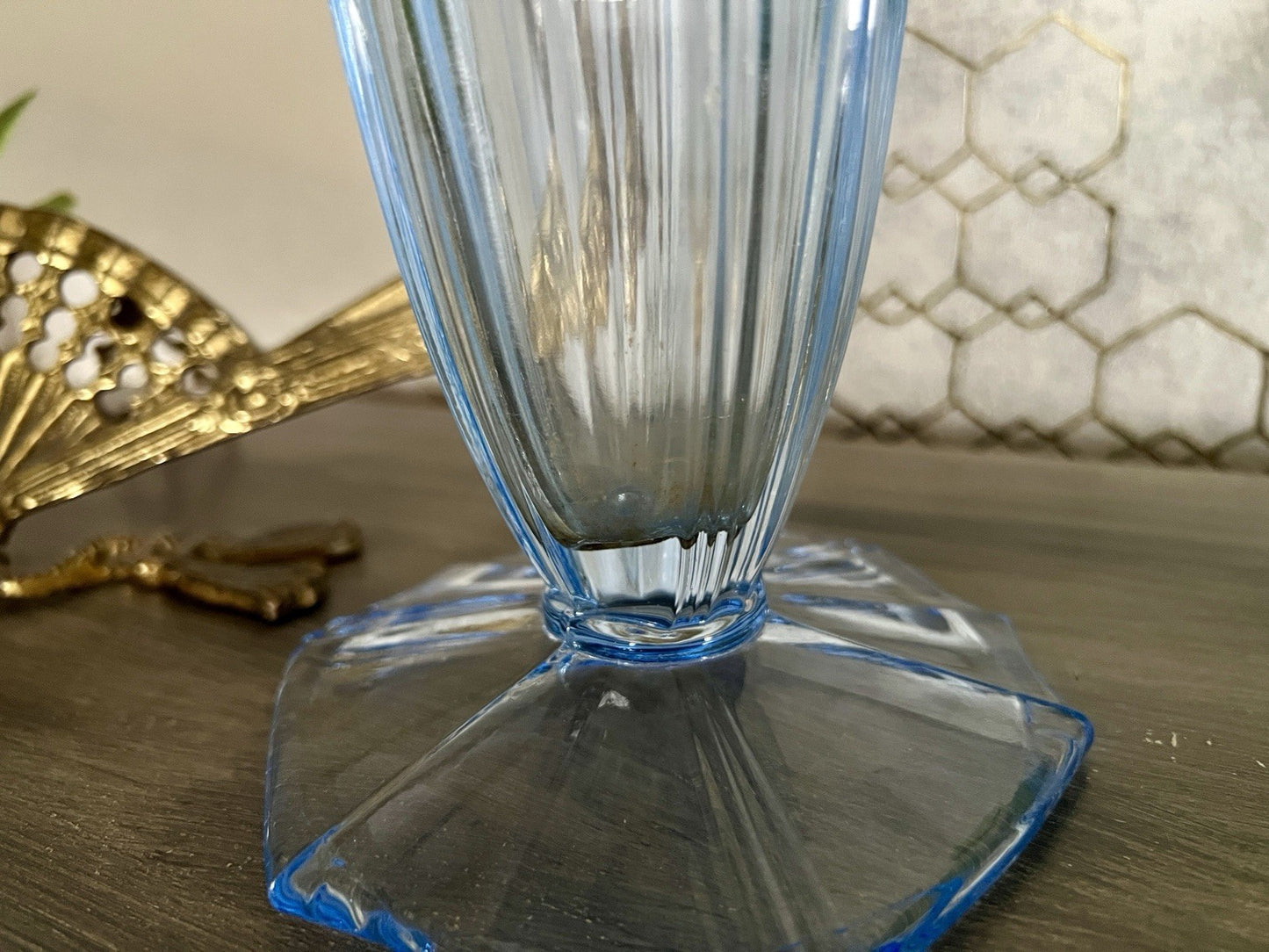 Antik Art Déco 1 GROẞ Bernsdorf Vase Glasvase Pressglas blau Glas RAR! asymmetr.