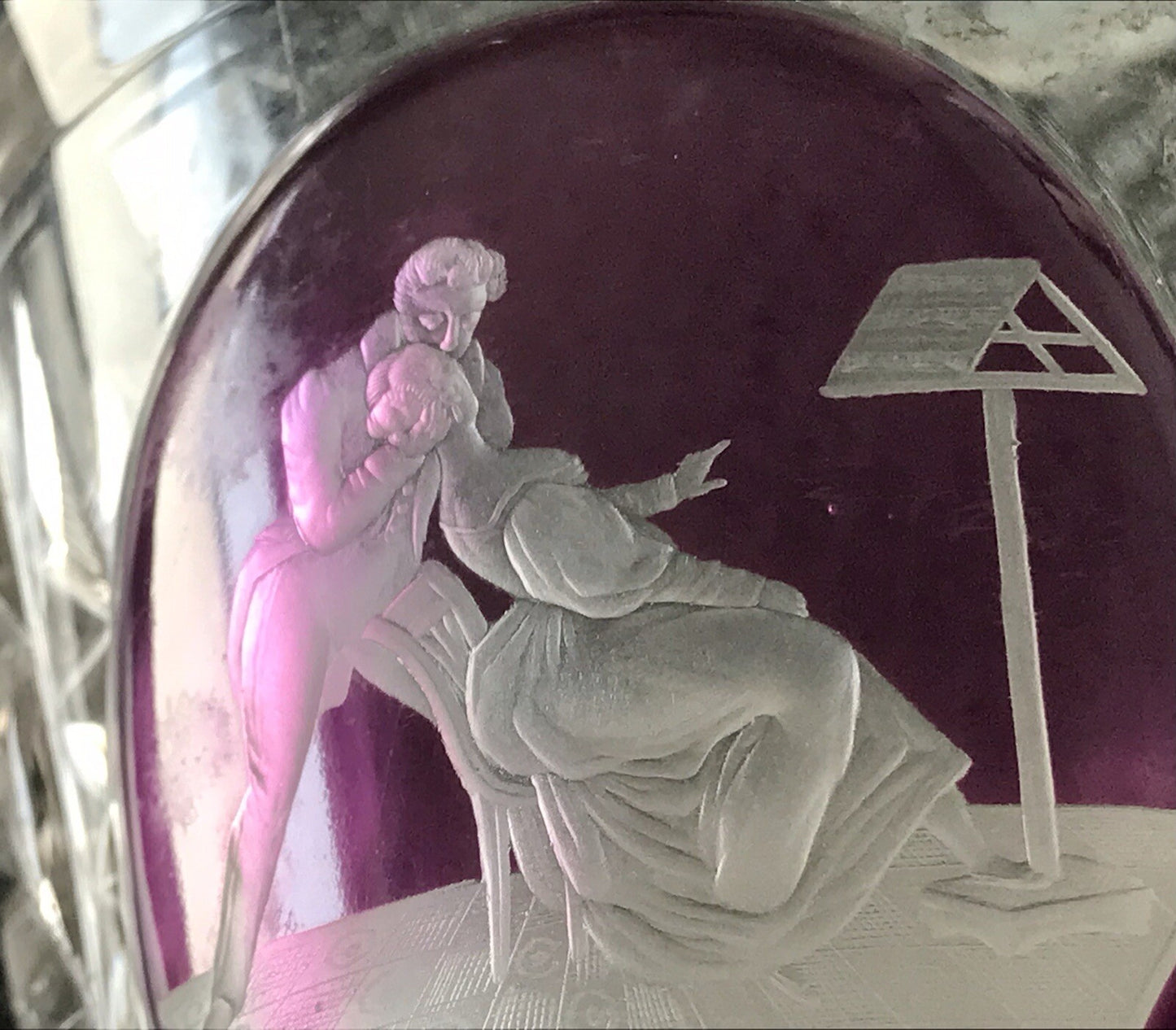 Antik ~1830 Fußbecher Ranftbecher Pokalglas Kristallglas Watteauszene Liebespaar